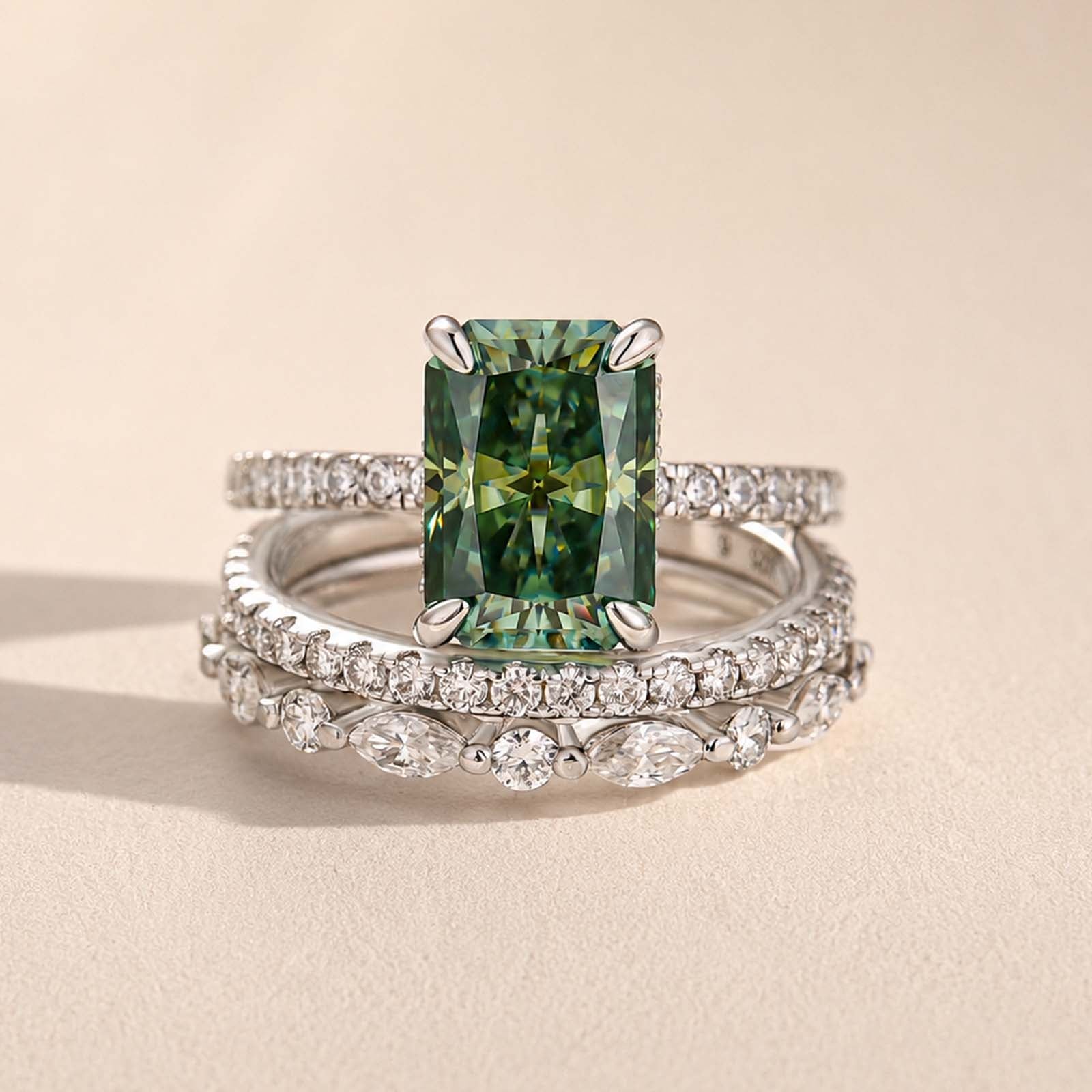 S925 Moissanite 3.5CT Radiant Cut Green Engagement Ring with Round & Marquise Accents Bands