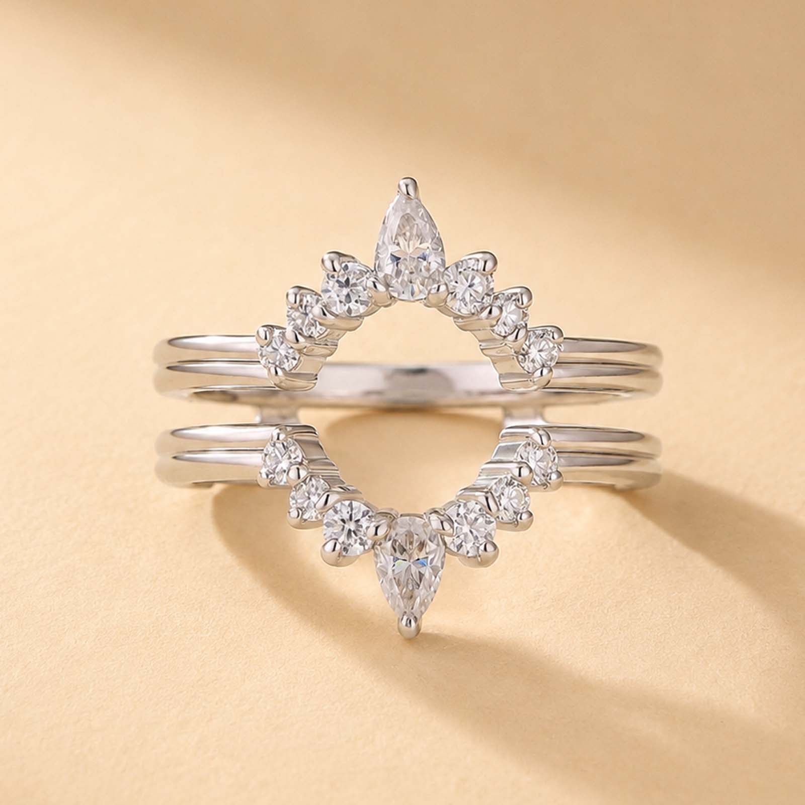 S925 0.75Ct Pear Cut & Round Cut Crown Open Wedding Band Stackable Enhancer Band
