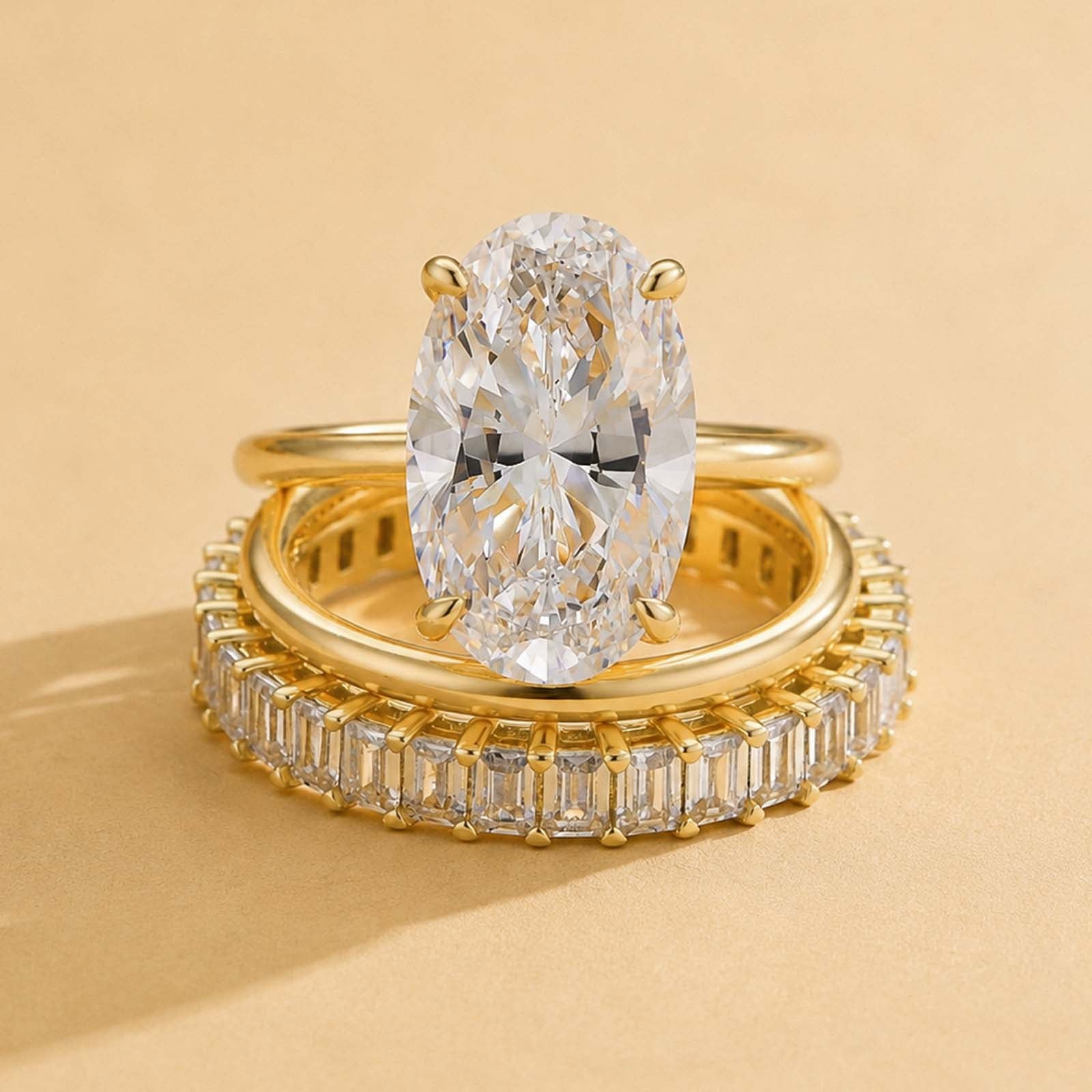 S925 3PC 5.0Ct Oval Cut Hidden Halo Stackable Statement Luxe Ring Sets For Travel