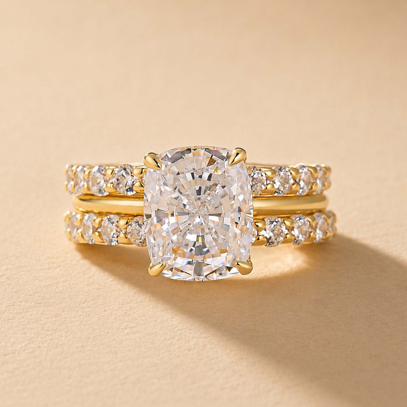 S925 Hidden Halo 4.0Ct Cushion Cut Engagement Ring with Open Wedding Band Bridal Ring Set