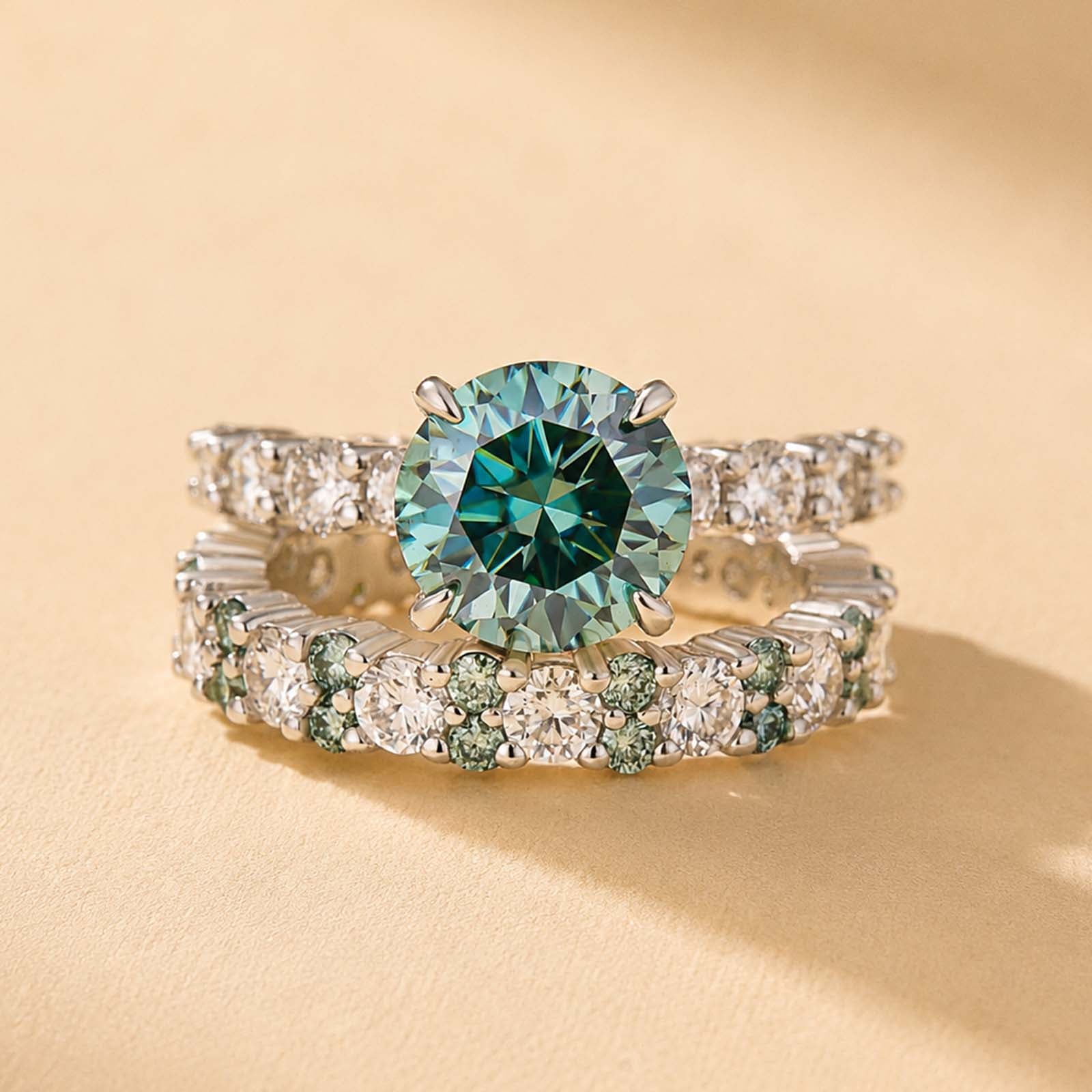 S925 Moissanite 3.0Ct~4.0Ct Round Cut Engagement Ring & 2.5Ct Two-Tone Band Nest Bridal Ring Set