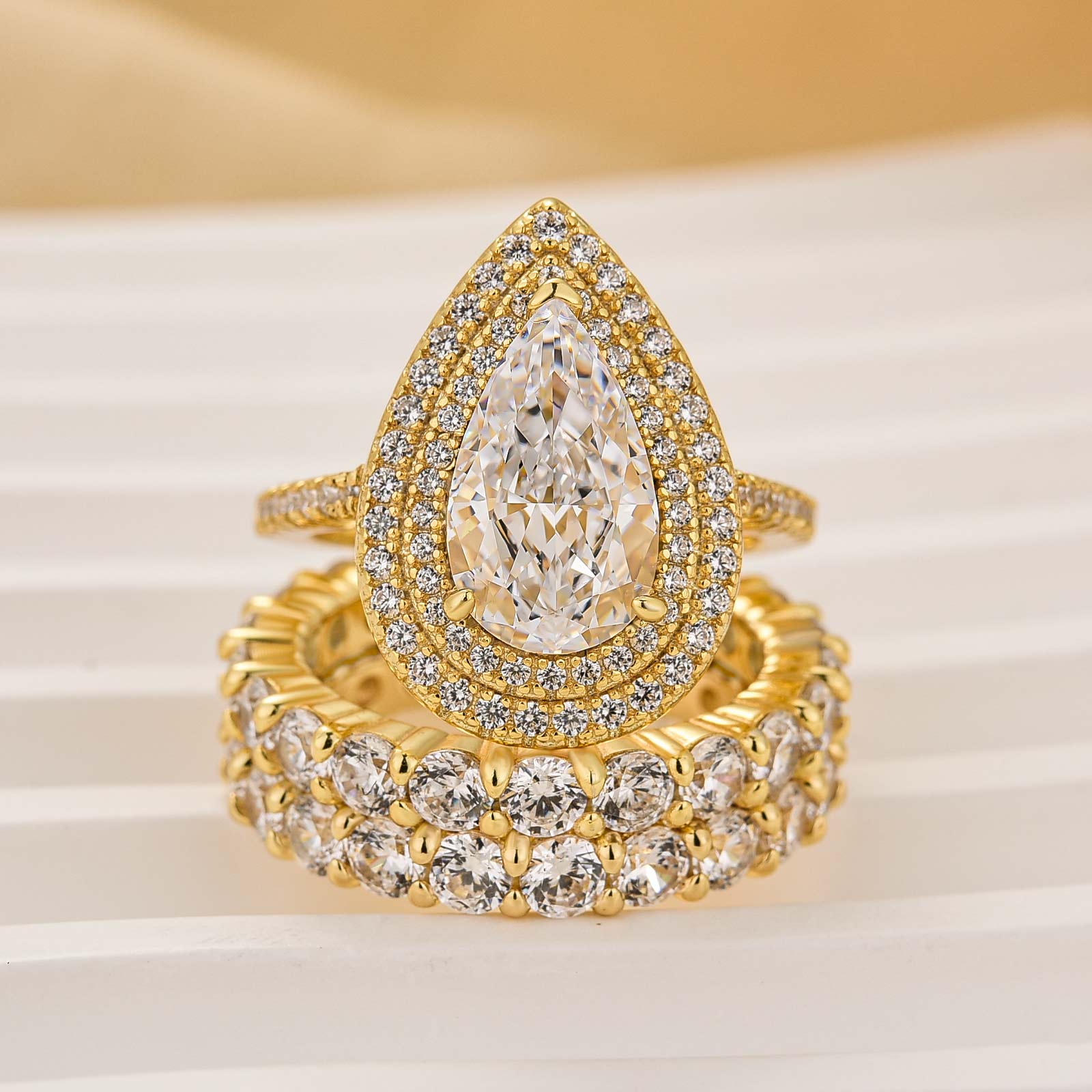 Louily Eternity Double Halo Pear Cut 3PC Wedding Set In Sterling Silver