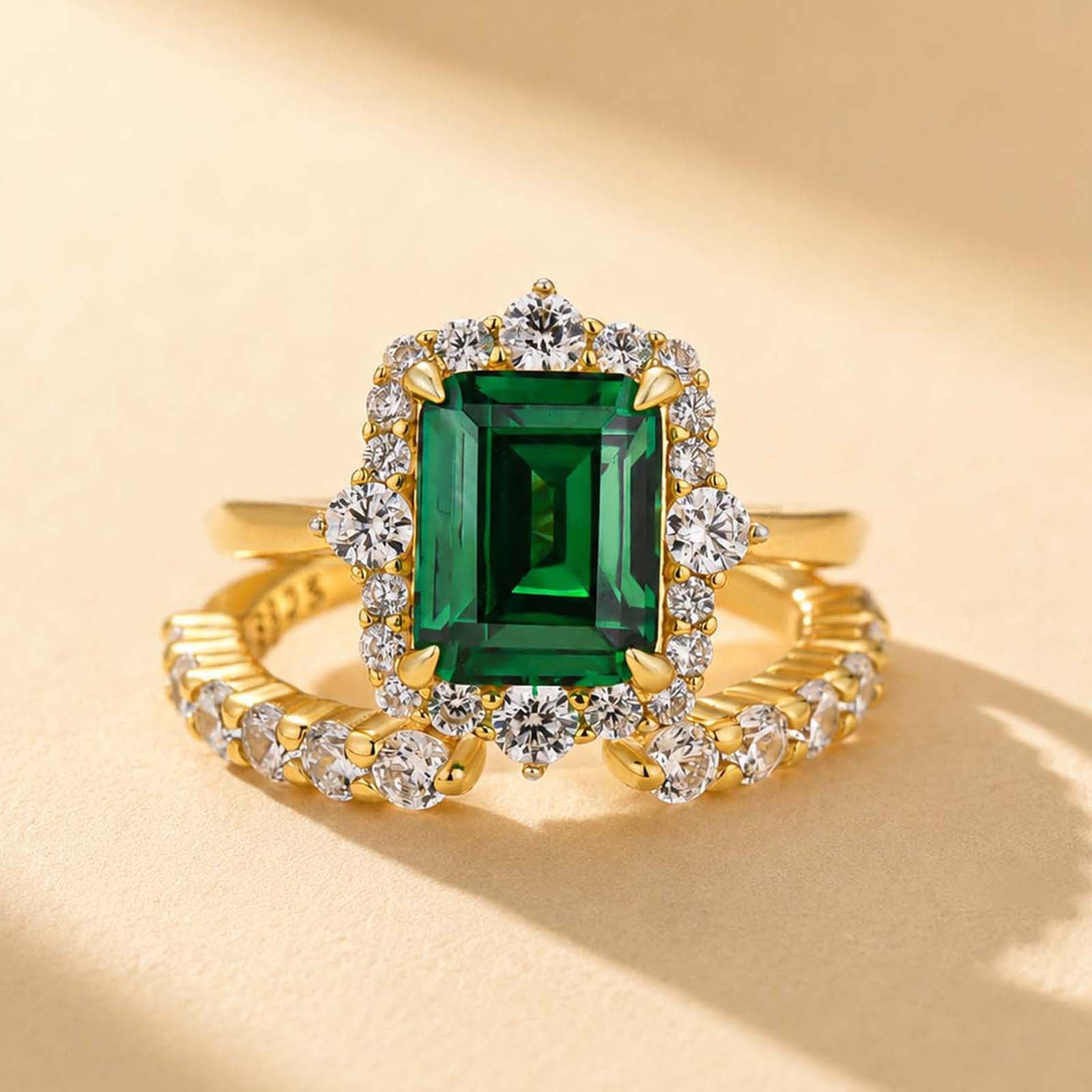 S925 Halo 3.0Ct Green Emerald Cut Engagement Ring & Open Wedding Band Stackable Rings For Everyday Wear