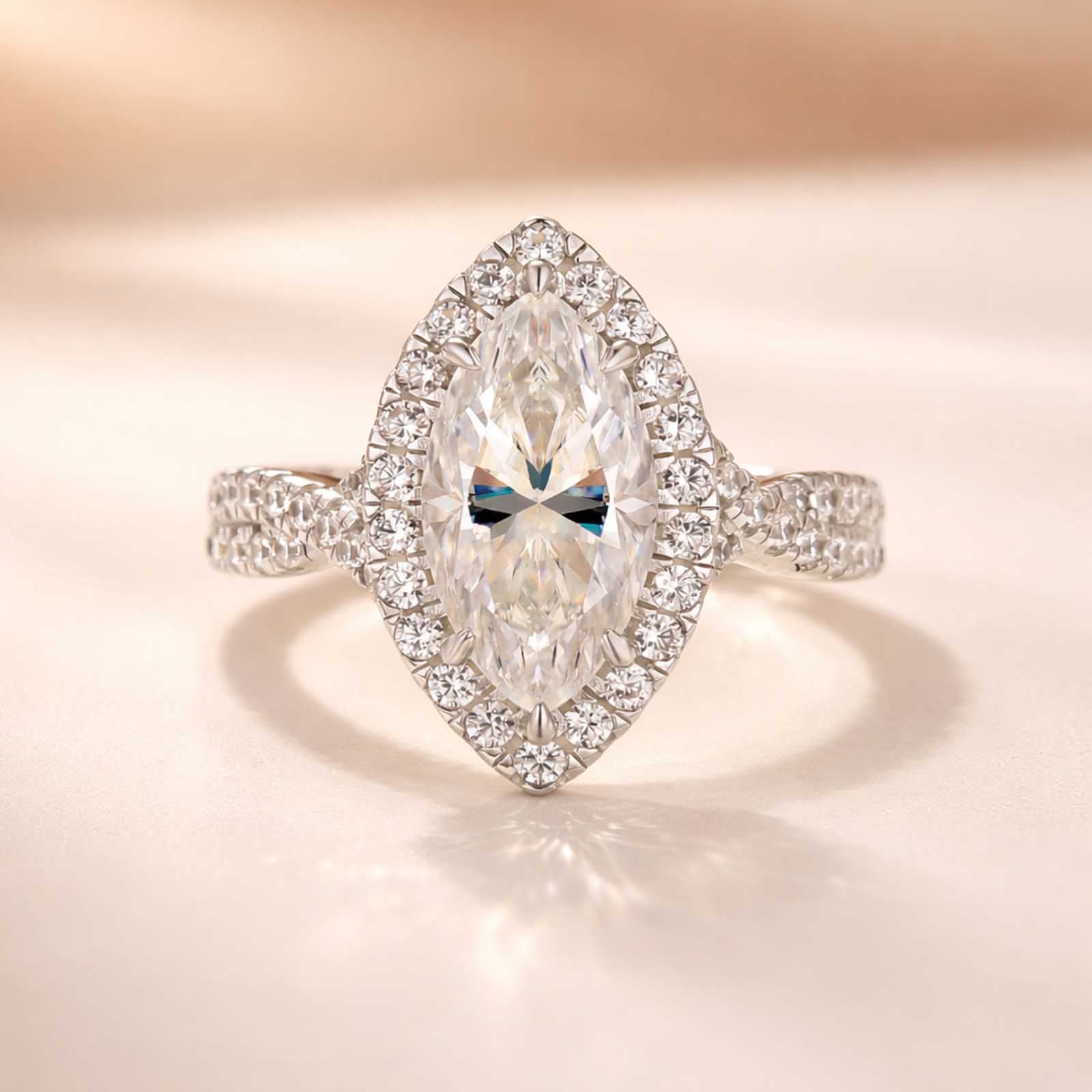 Moissanite 3.0 Ct White Marquise Cut Halo Engagement Ring 925 Sterling Silver Promise Ring For Women