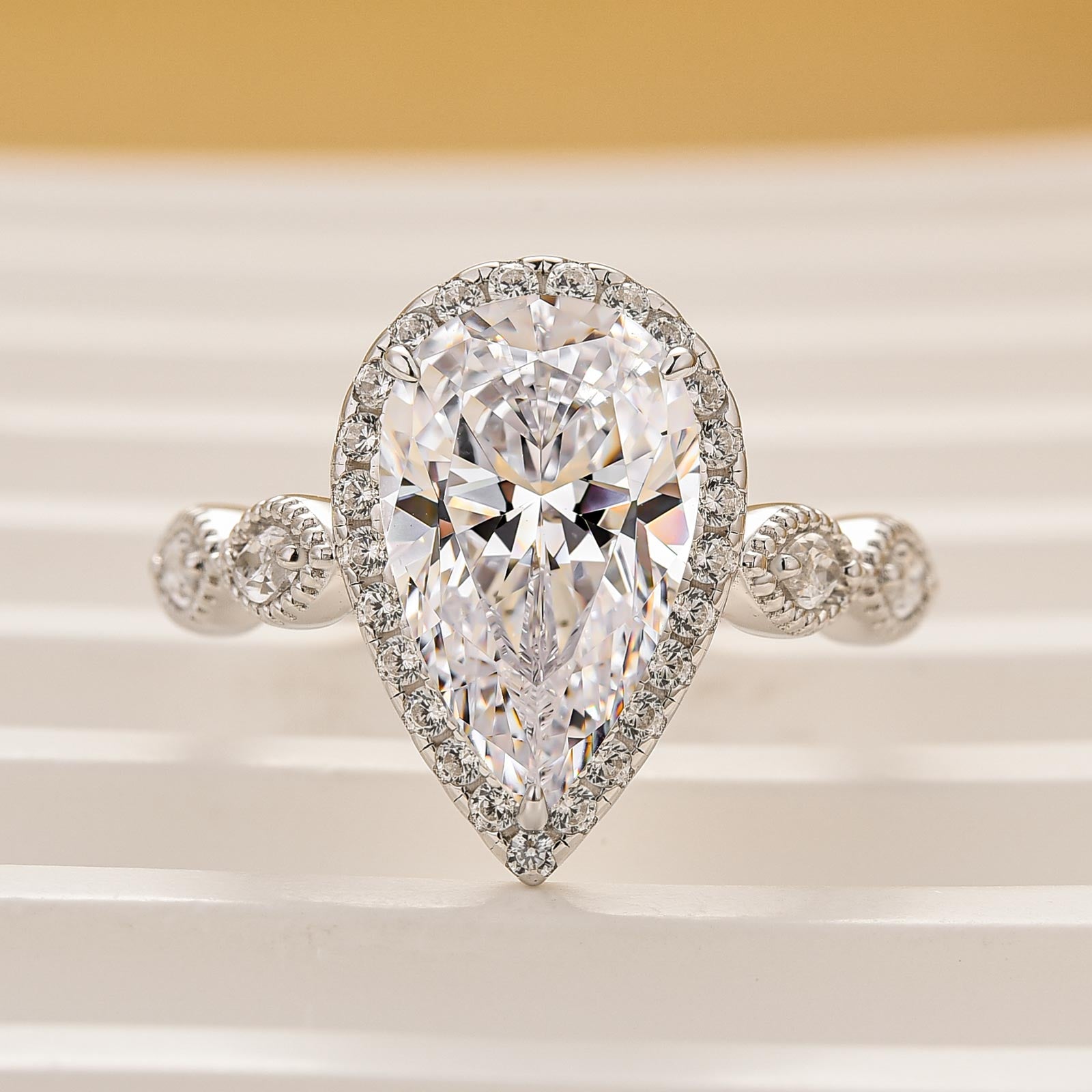 Louily Classic 4.0Ct Pear Cut Halo Design Engagement Ring In Sterling Silver