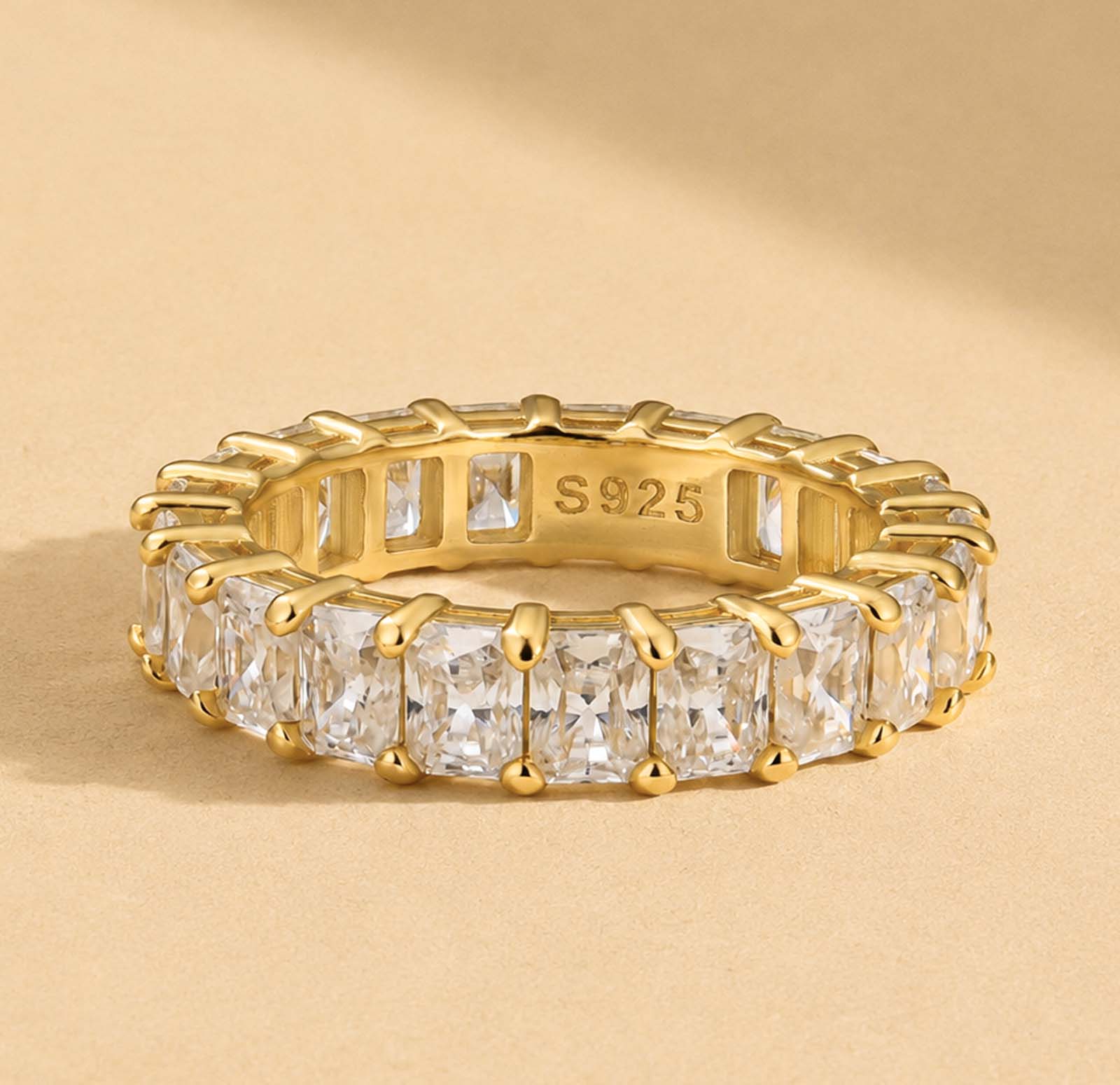 S925 Moissanite 3.5Ct Radiant Cut Full Channel Eternity Yellow Gold Wedding Band Stackable Bridal Ring