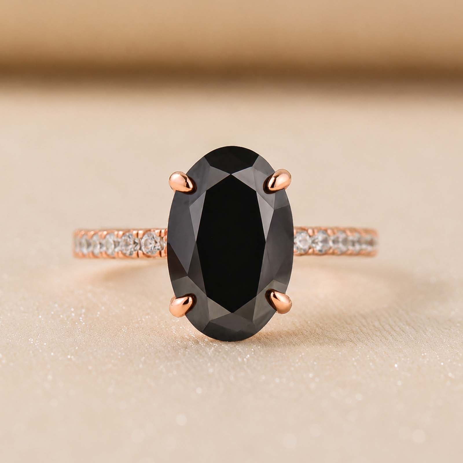 S925 Moissanite 4.0Ct Oval Cut Solid Black Dual Side Pave Rose Gold Plated Engagement Ring In Sterling Silver
