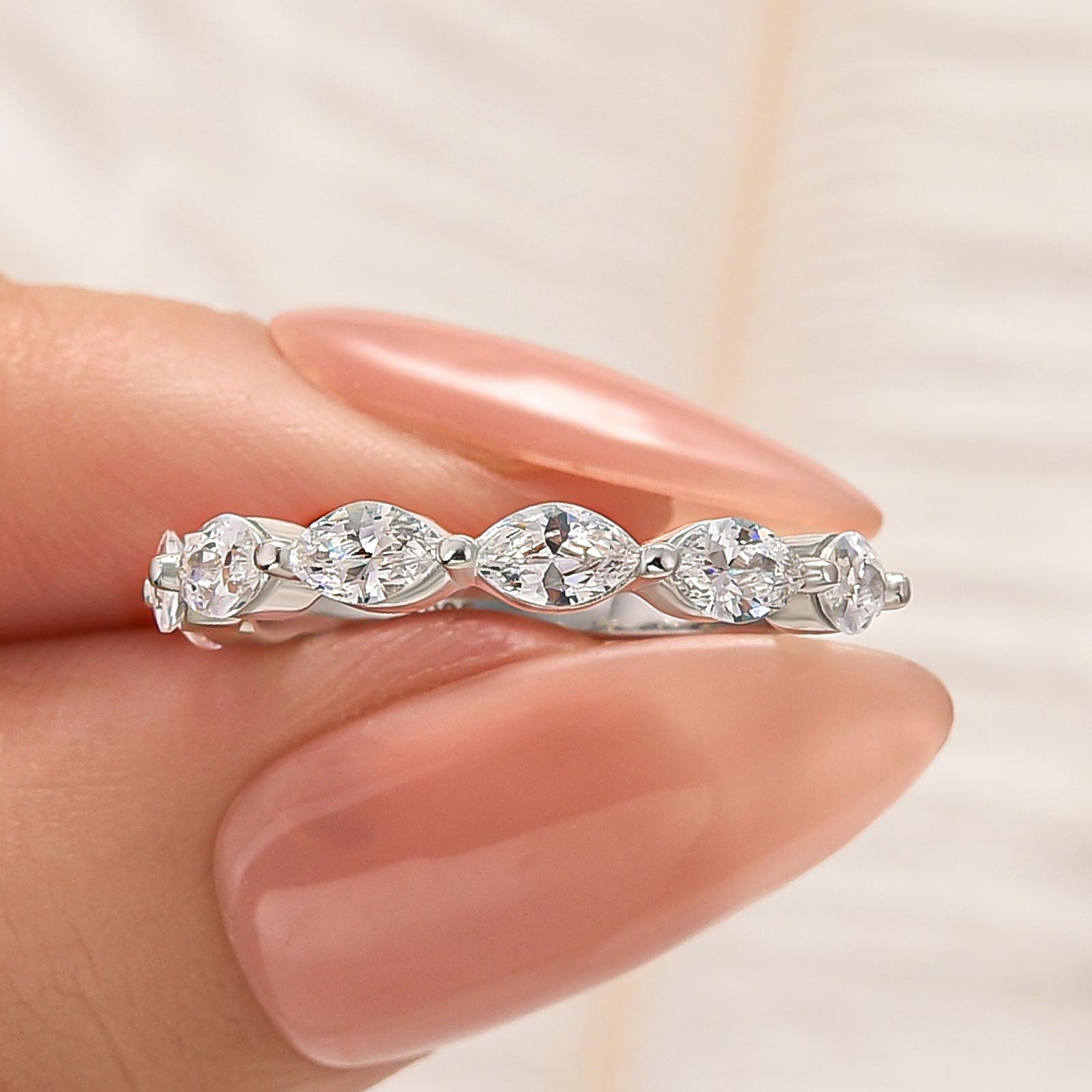 Elegant Marquise Cut Half Wedding Band In Sterling Silver - louilyjewelry