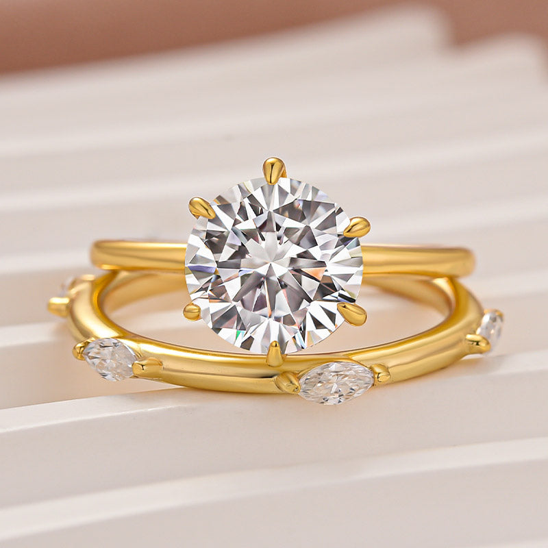 Moissanite 2.0Ct Solitaire Round Cut Engagement Ring with Marquise Cut Wedding Band