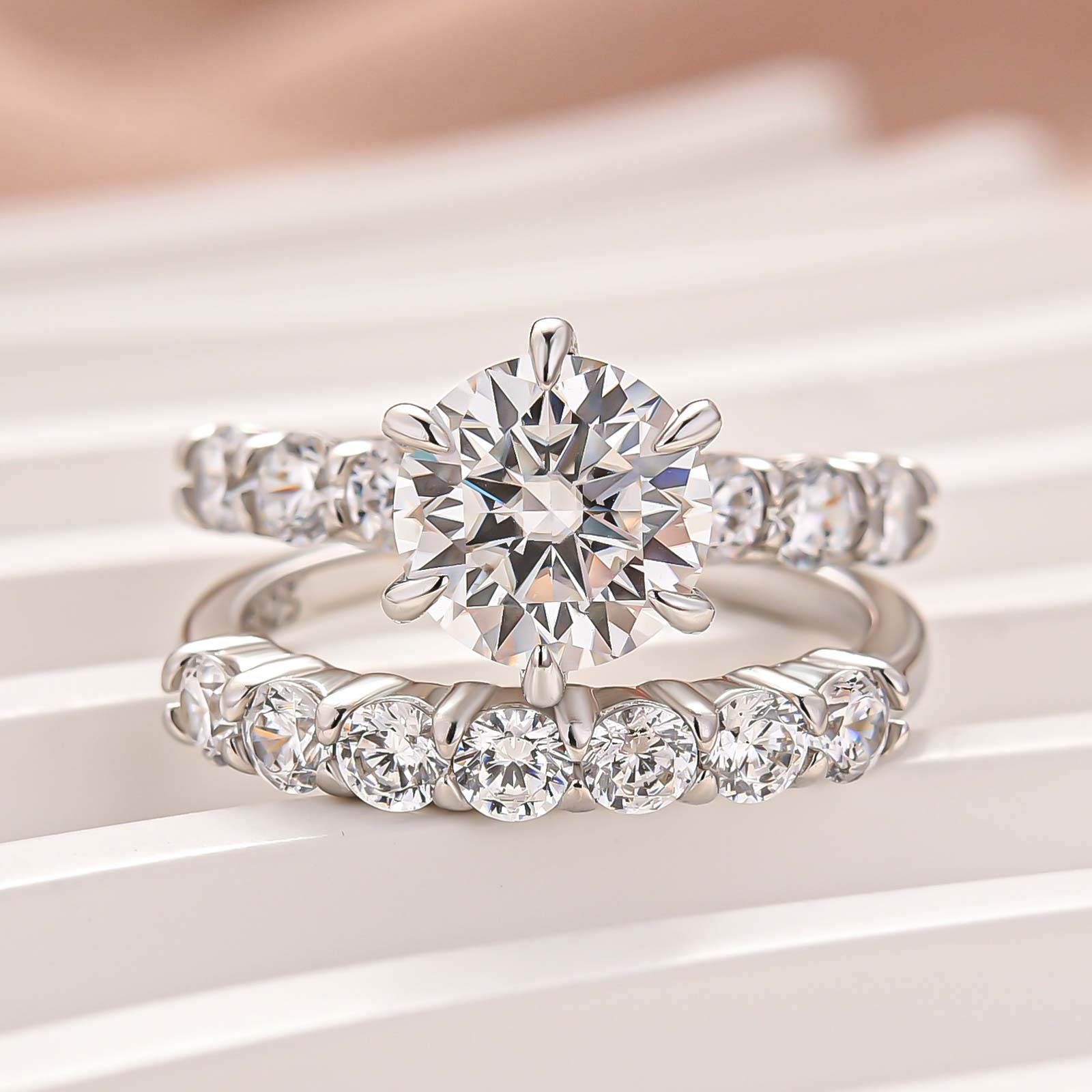 Moissanite 2PC 2.0Ct Round Cut Half Eternity Engagement Ring With Round Cut Wedding Band Wedding Ring Set