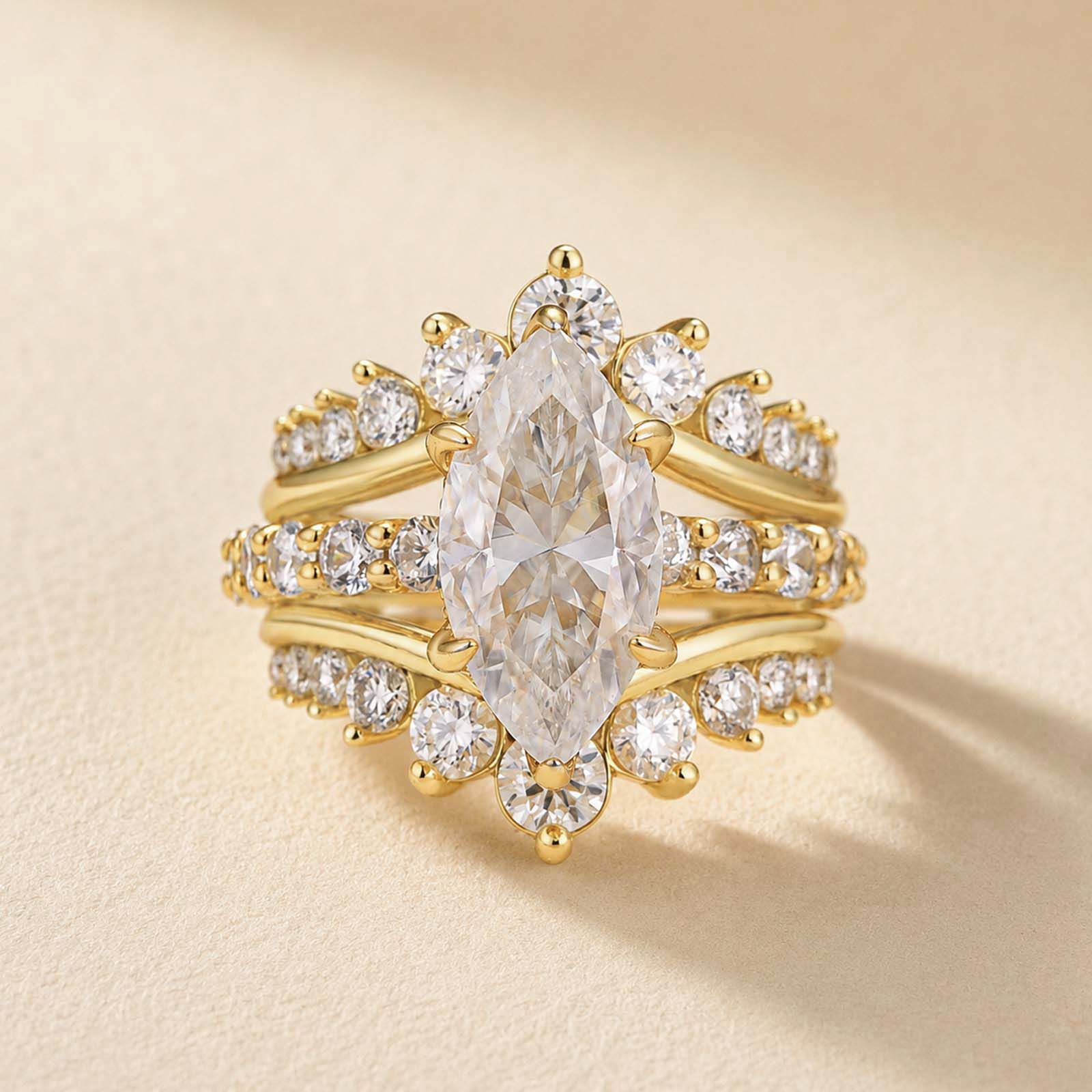 S925 Moissanite 3.0Ct Marquise Cut Enhancer Ring With 1.7Ct Band Gold Plated Ring Set