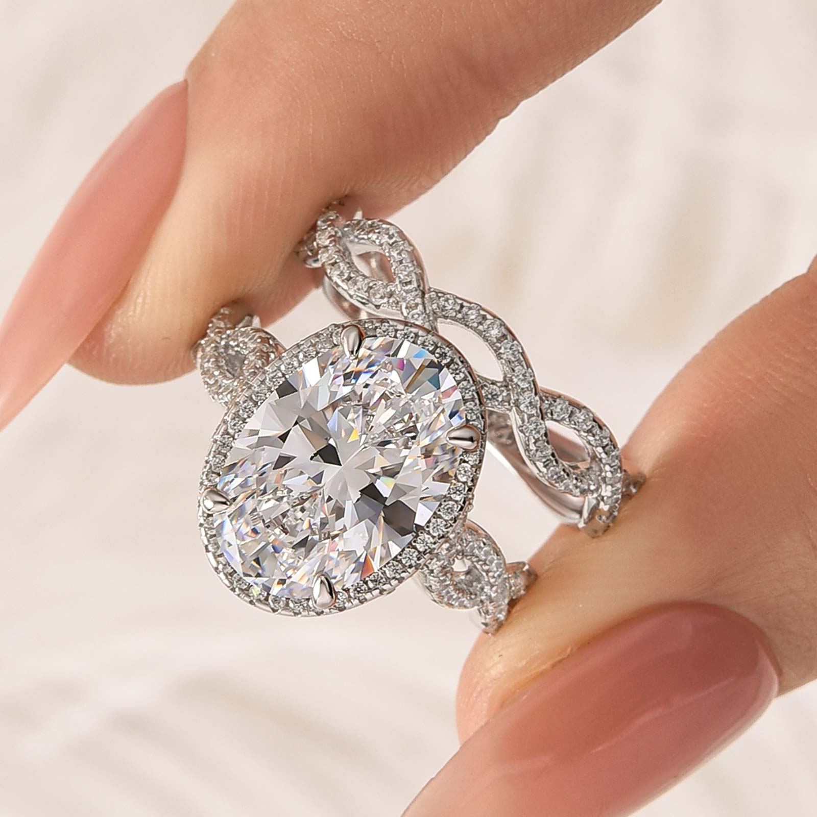 S925 4.5Ct Oval Cut Twist Engagement Ring with Twist Wedding Band - louilyjewelry