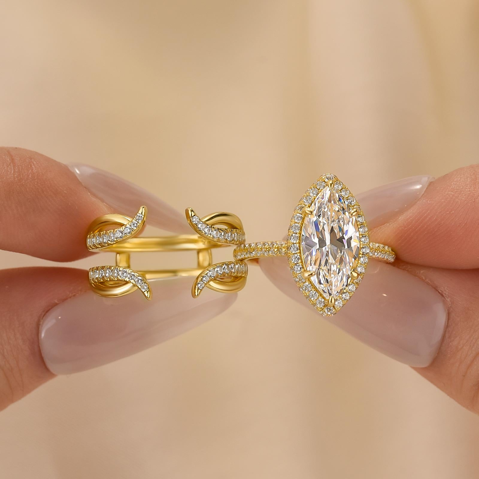 Louily Unique 2PC 3.0Ct Halo Marquise Cut Wedding Ring Set with Jacket Wedding Band