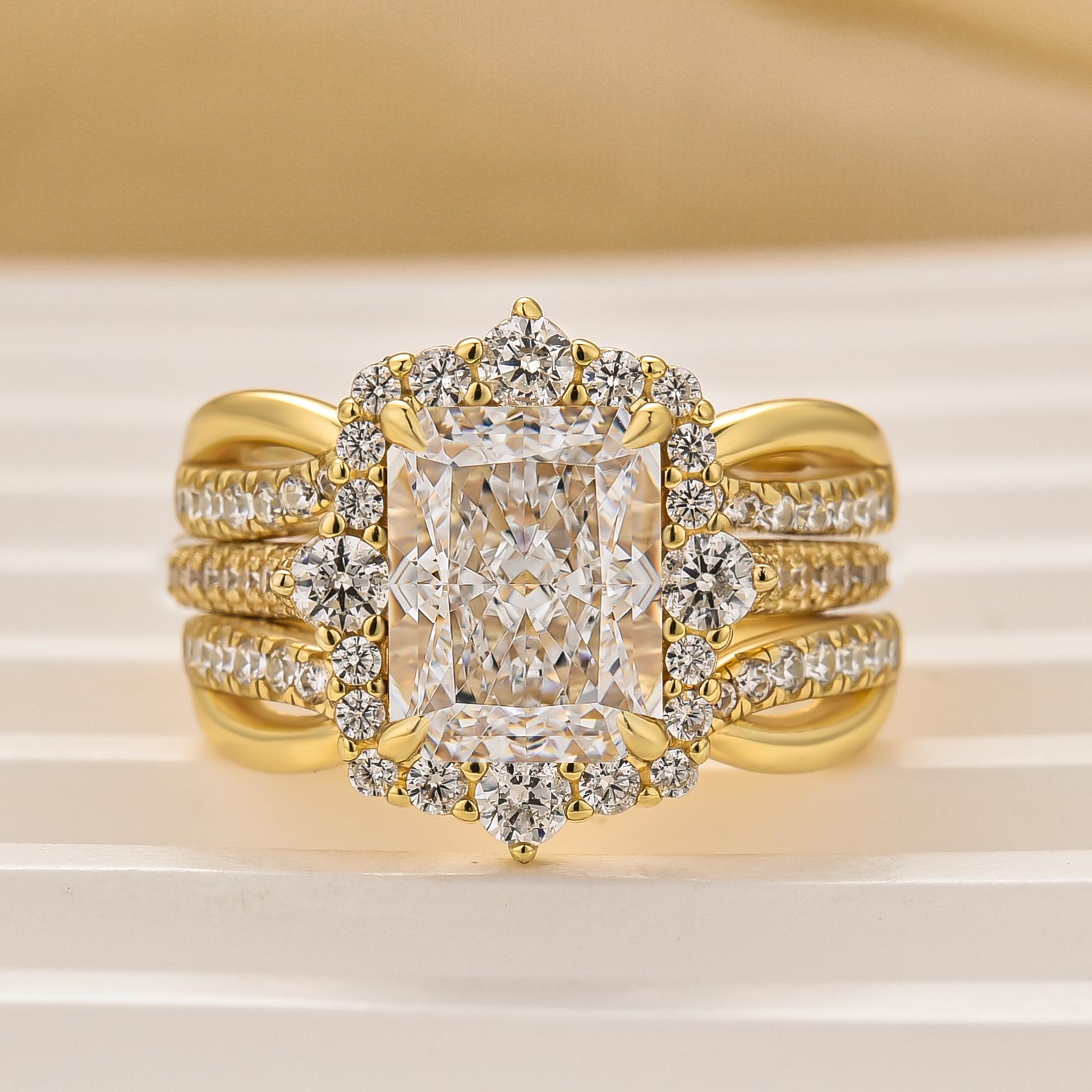 2PC 3.5 Carat Radiant Cut Halo Engagement Ring with Jacket Wedding Band Wedding Ring Set