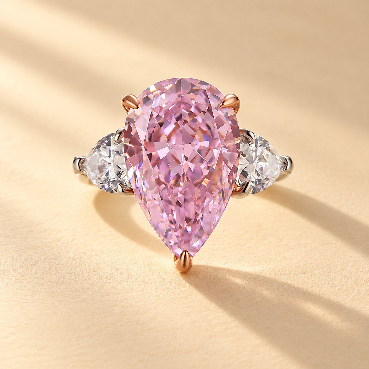 Stunning Pear Cut Yellow/Pink Sapphire Three Stone Engagement Ring
