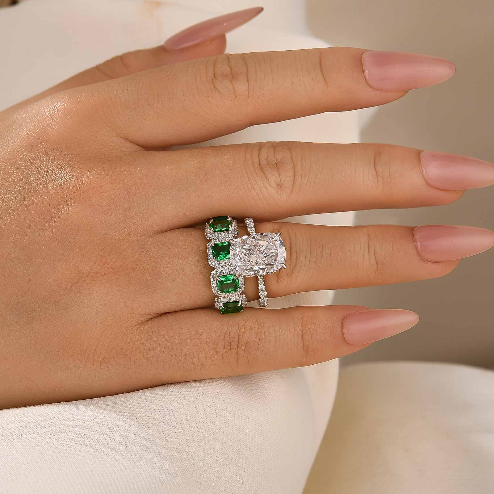 Vintage 5.5Ct Cushion Cut Wedding Ring Set With Halo Emerald Cut Half Wedding Band