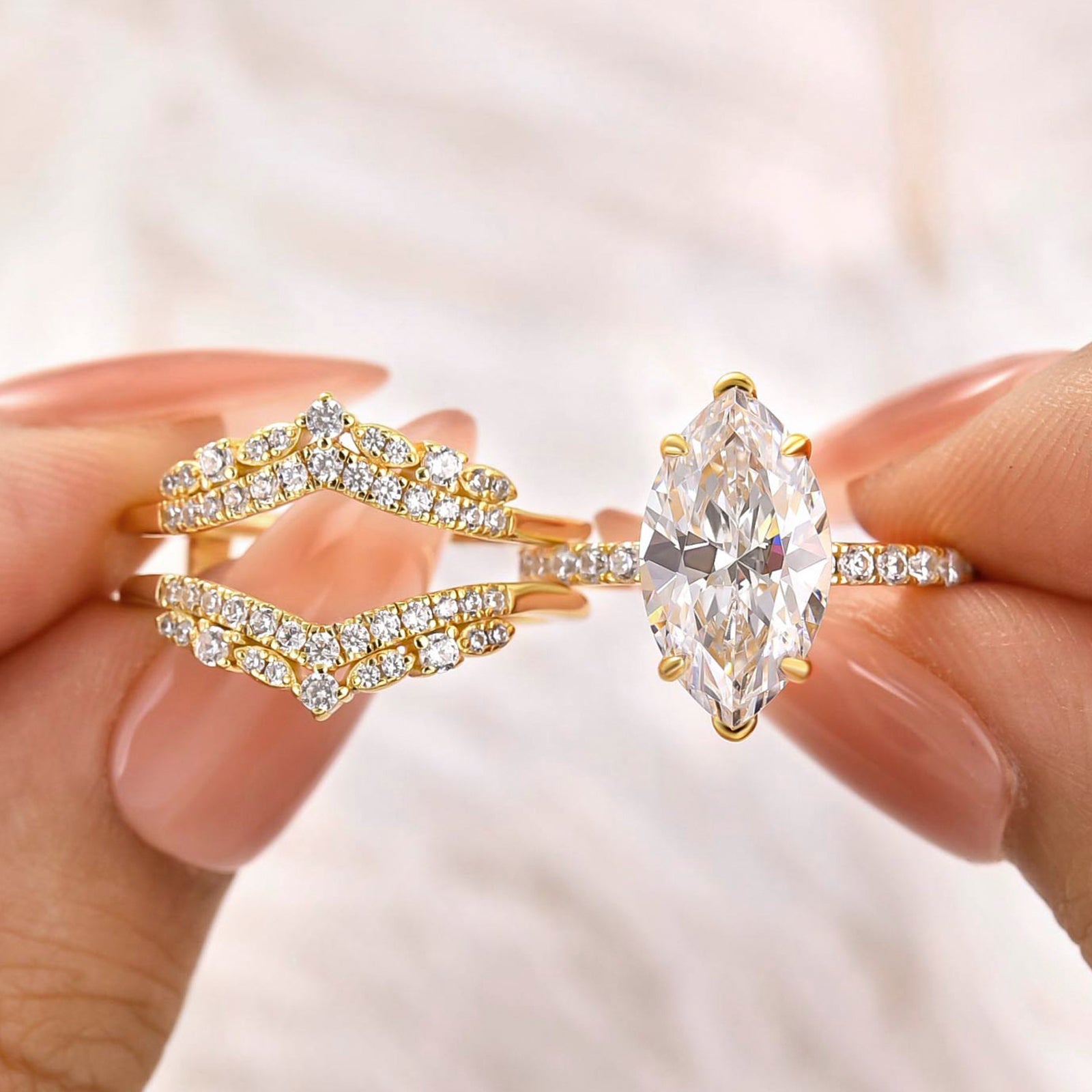 S925 Vintage 2.5Ct Marquise Cut Insert Wedding Ring Set In Sterling Silver