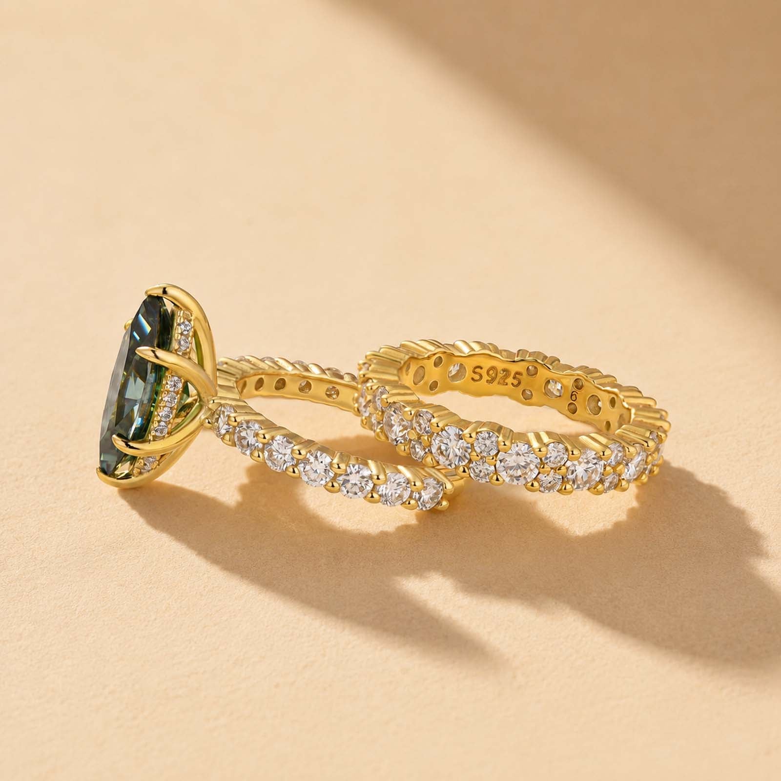 S925 Moissanite 3.0Ct Marquise Cut Green Stone Yellow Gold Plated Hidden Halo Bridal Set In
