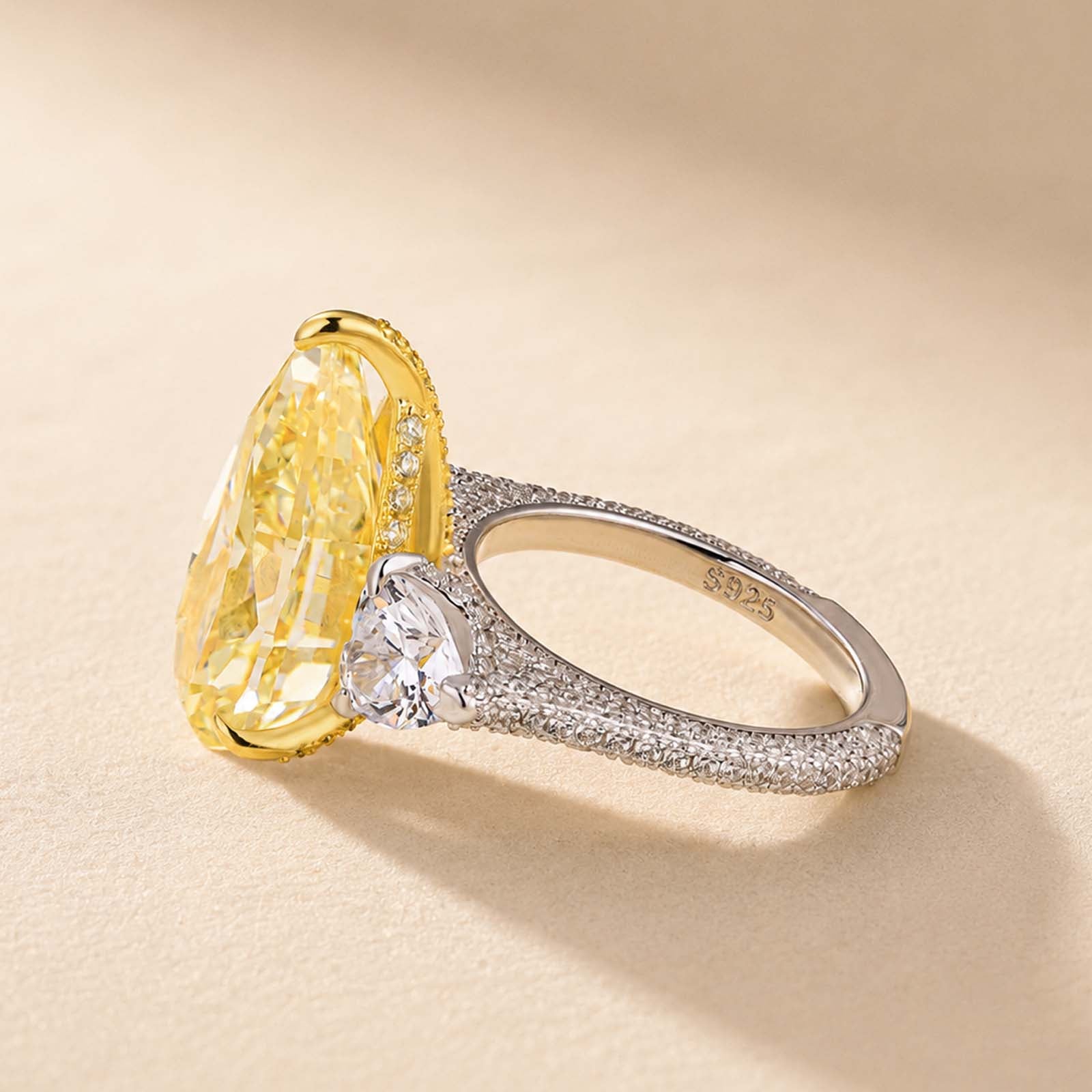 S925 Stunning Pear Cut Yellow/Pink Sapphire Three Stone Engagement Ring