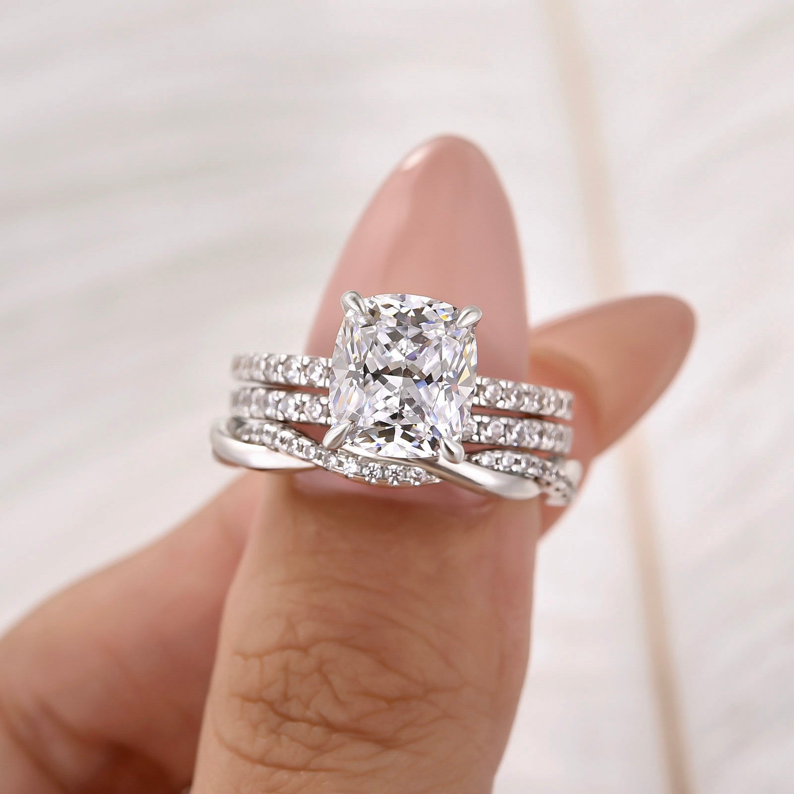 S925 3PC Hidden Halo 3.0Ct Cushion Cut Twist Statement Wedding Ring Sets