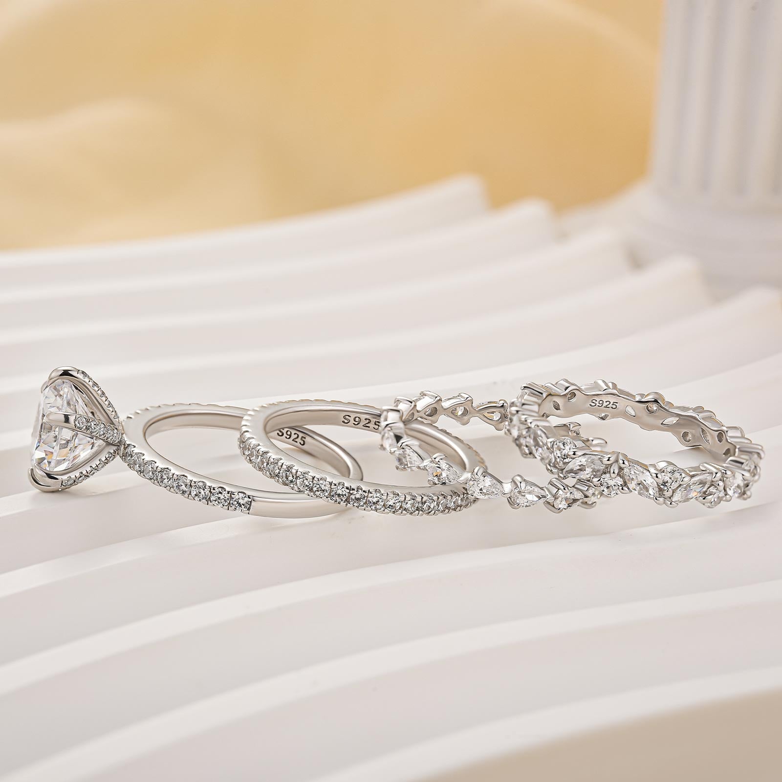 4PC 3.0 Ct Wedding Ring Set Round Cut Simulated Diamonds Engagement Ring With Fashion Design Wedding Bands