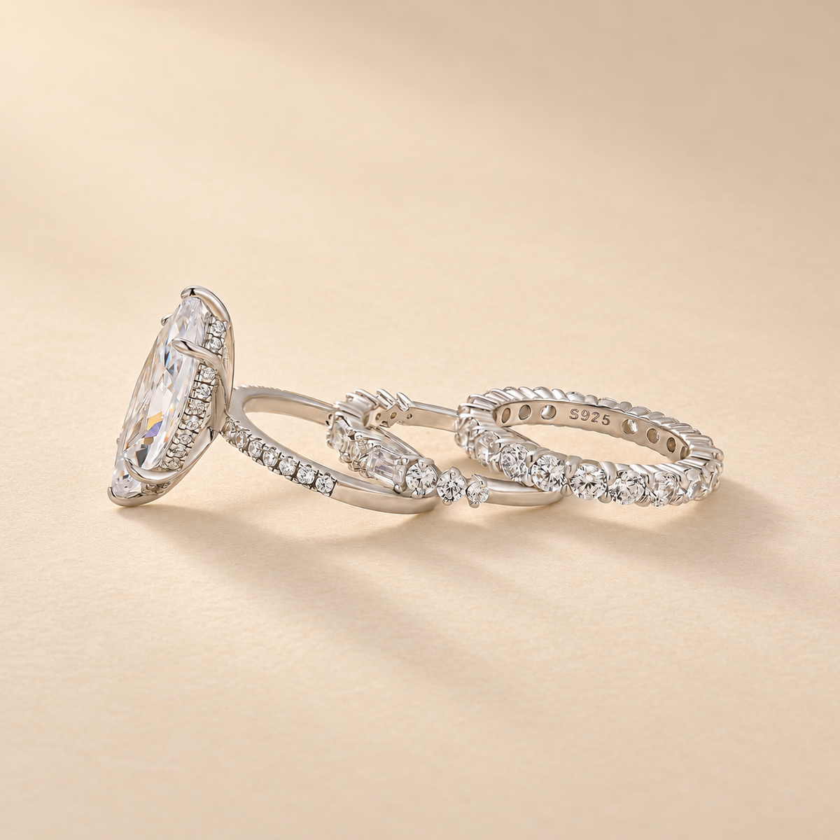 S925 3PC 6.0Ct Marquise Cut Hidden Halo Engagement Ring with Eternity Wedding Band