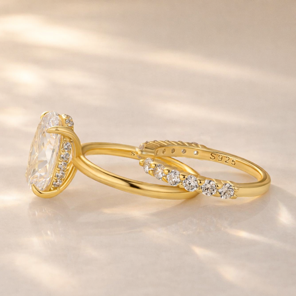 S925 2PC 4.5Ct Solitaire Oval Cut Engagement Ring with Open Band - louilyjewelry