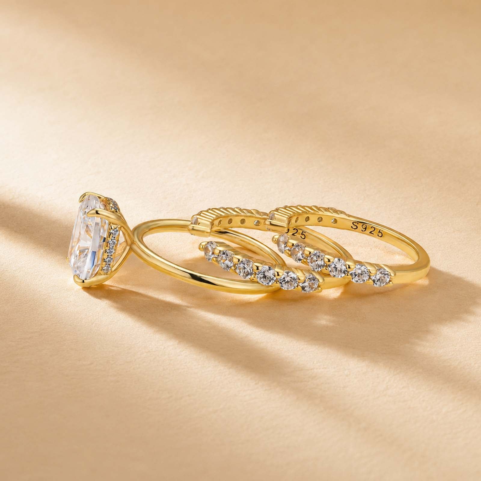 S925 Hidden Halo 4.0Ct Cushion Cut Engagement Ring with Open Wedding Band Bridal Ring Set