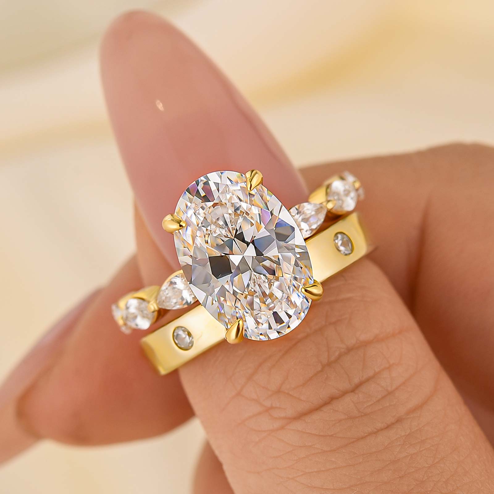 2PC Wedding Ring Set 4.5Ct Oval Cut Engagement Ring With Vintage Round Cut Wide Wedding Band