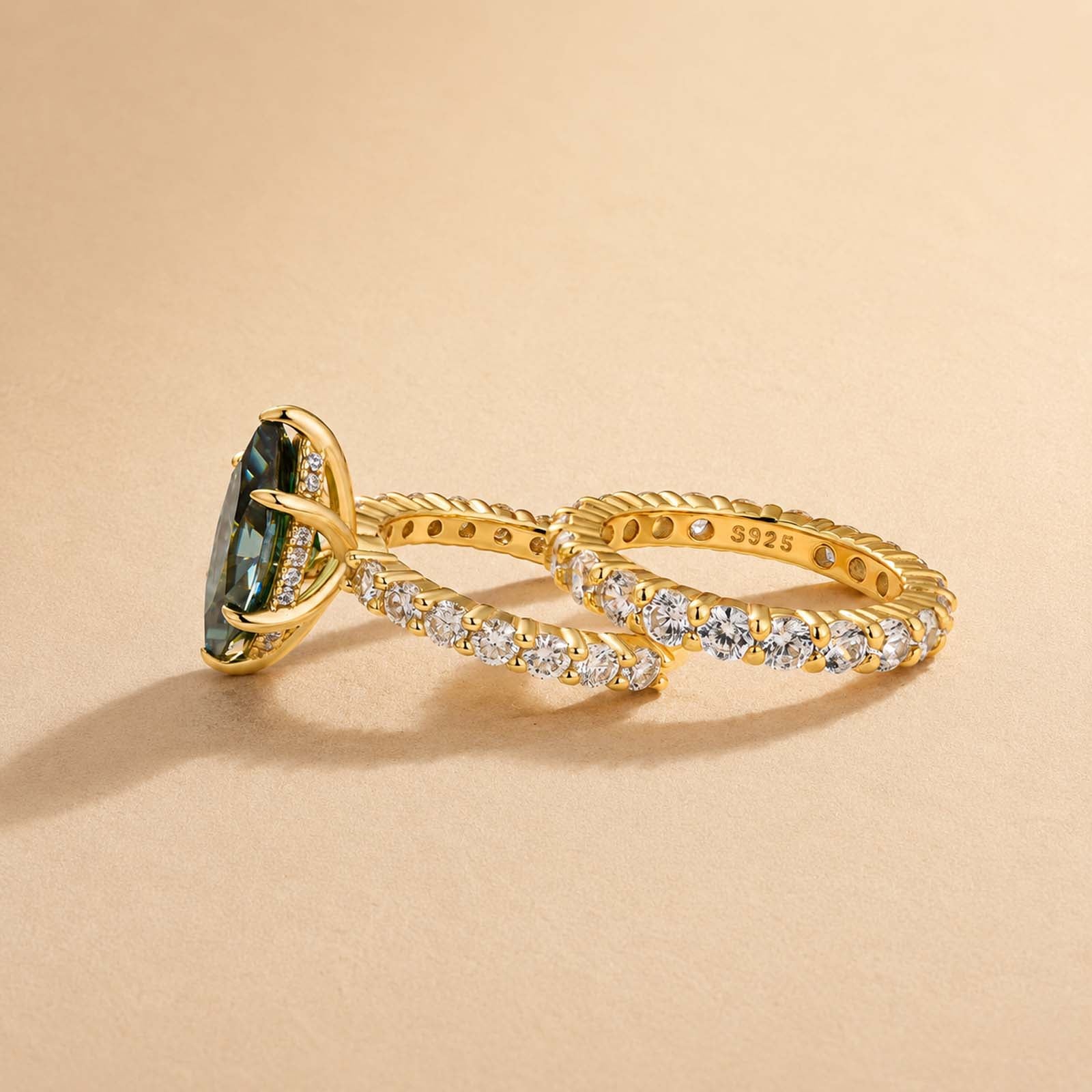 S925 Moissanite 3.0 Ct Marquise Cut Side Stone Yellow Gold Engagement Ring/Wedding Set In Sterling Silver