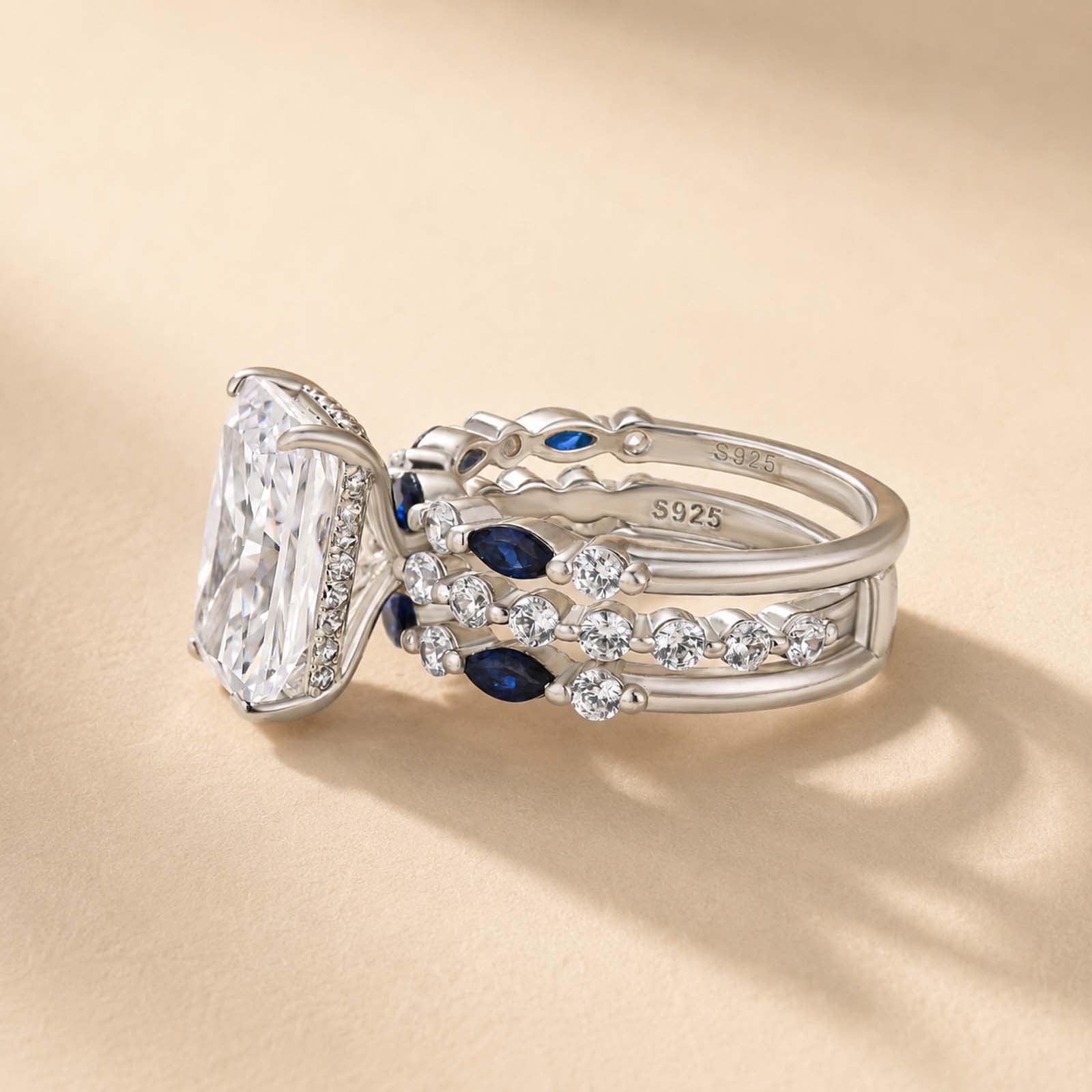 S925 Elegant 5.0Ct Radiant Cut Hidden Halo Stckable Enhancer Ring Sets in Sterling Silver