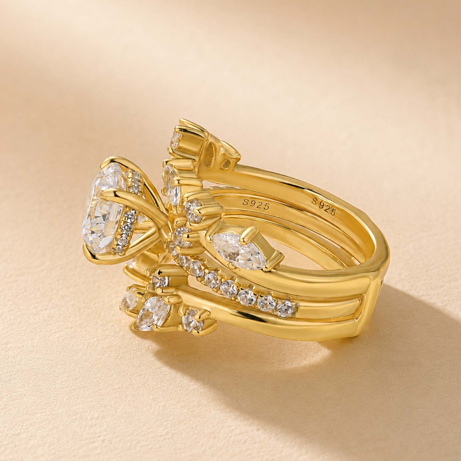 S925 2.0Ct Round Cut Engagement Ring with 1.5Ct Marquise&Round Cut Open Curved Wedding Band Nature- Inspired Rings