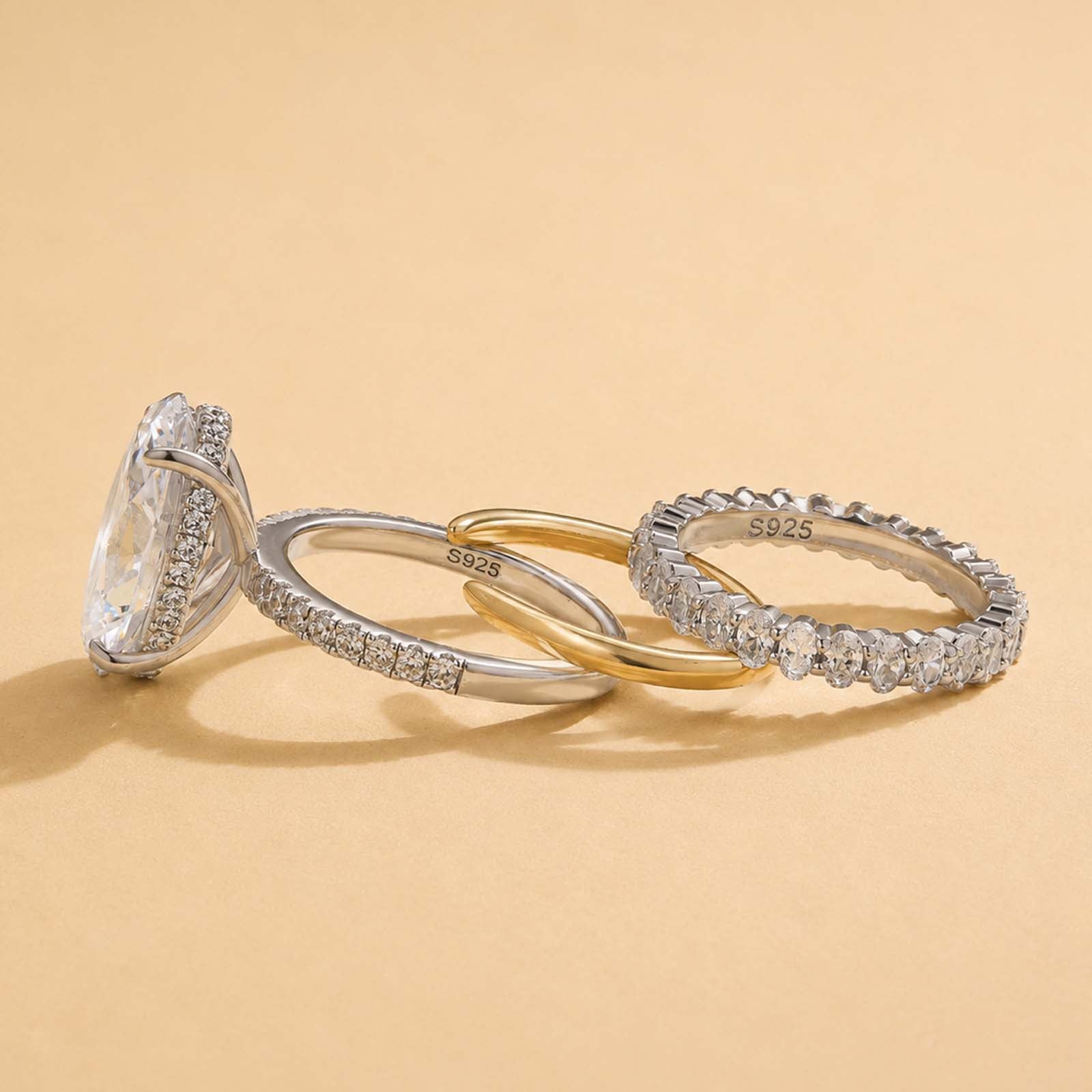 S925 Luxe 3PC 5.0Ct Oval Cut Hidden Halo Stackable Statement Ring Sets For Social Occasions
