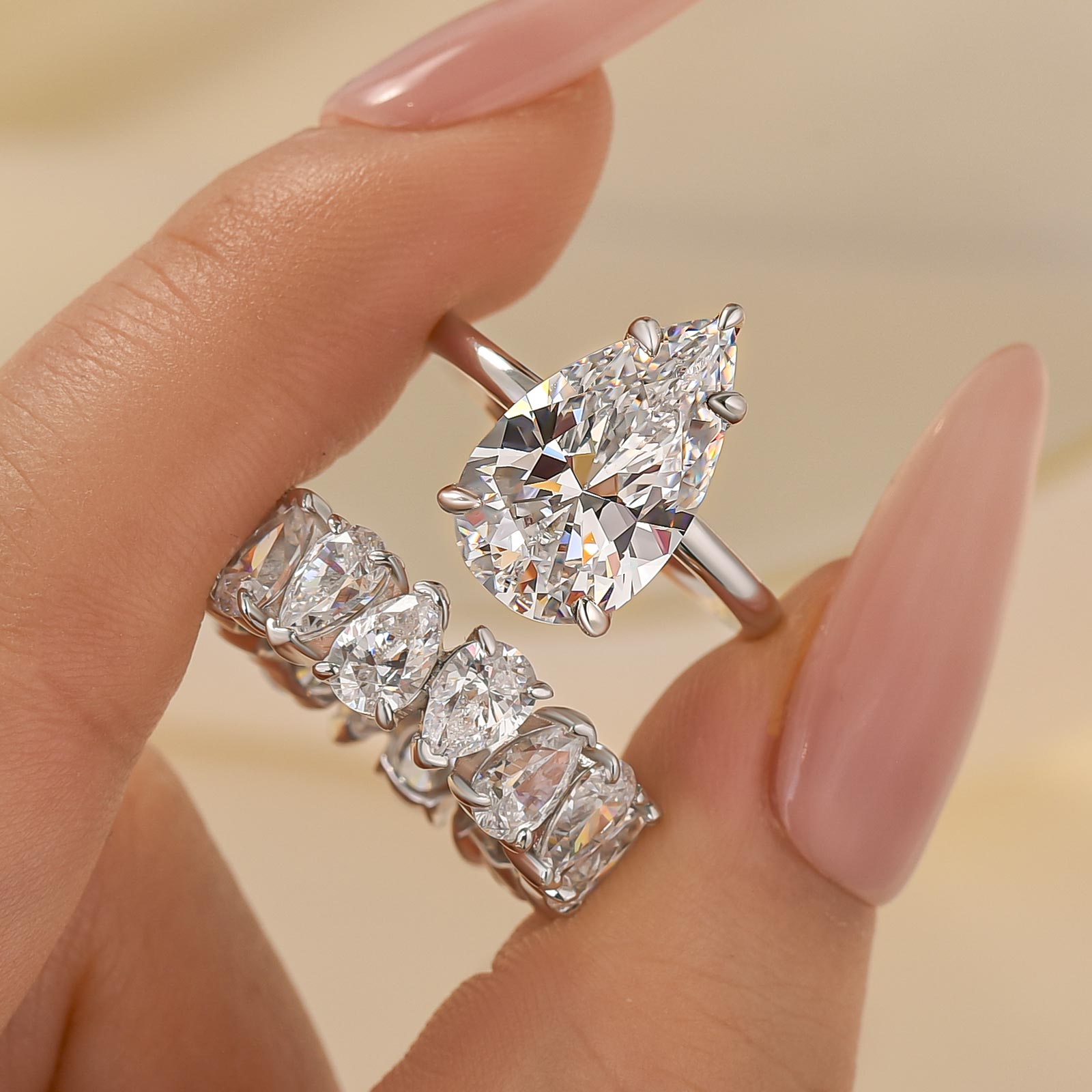 S925 2PC 4.5Ct Solitaire Pear Cut White Gold Wedding Ring Set - louilyjewelry