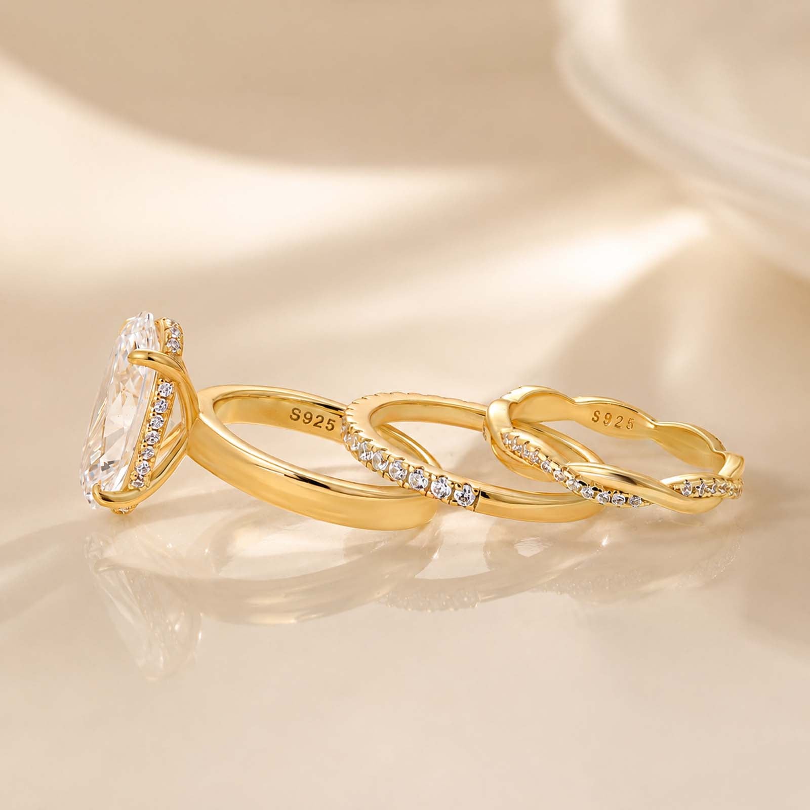 S925 3PC Hidden Halo 6.0Ct Oval Cut Engagement Ring with Twist&Half Eternity Thin Wedding Band