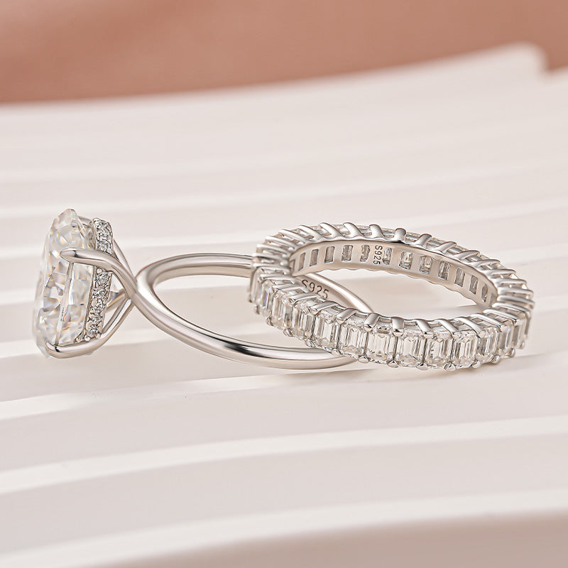 Louily Moissanite 4.0Ct Oval Cut White Gold Wedding Ring with Emerald Cut Wedding Ring
