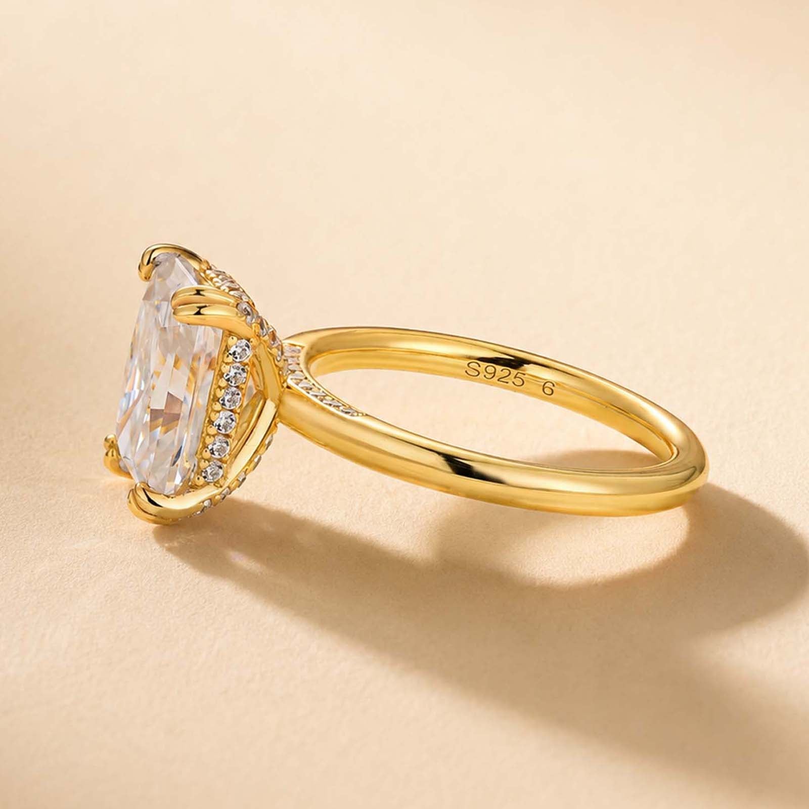 S925 Moissanite 3.5Ct Radiant Cut Hidden Halo Engagement Ring 18K Yellow Gold Plated Promise Wedding Ring For Women