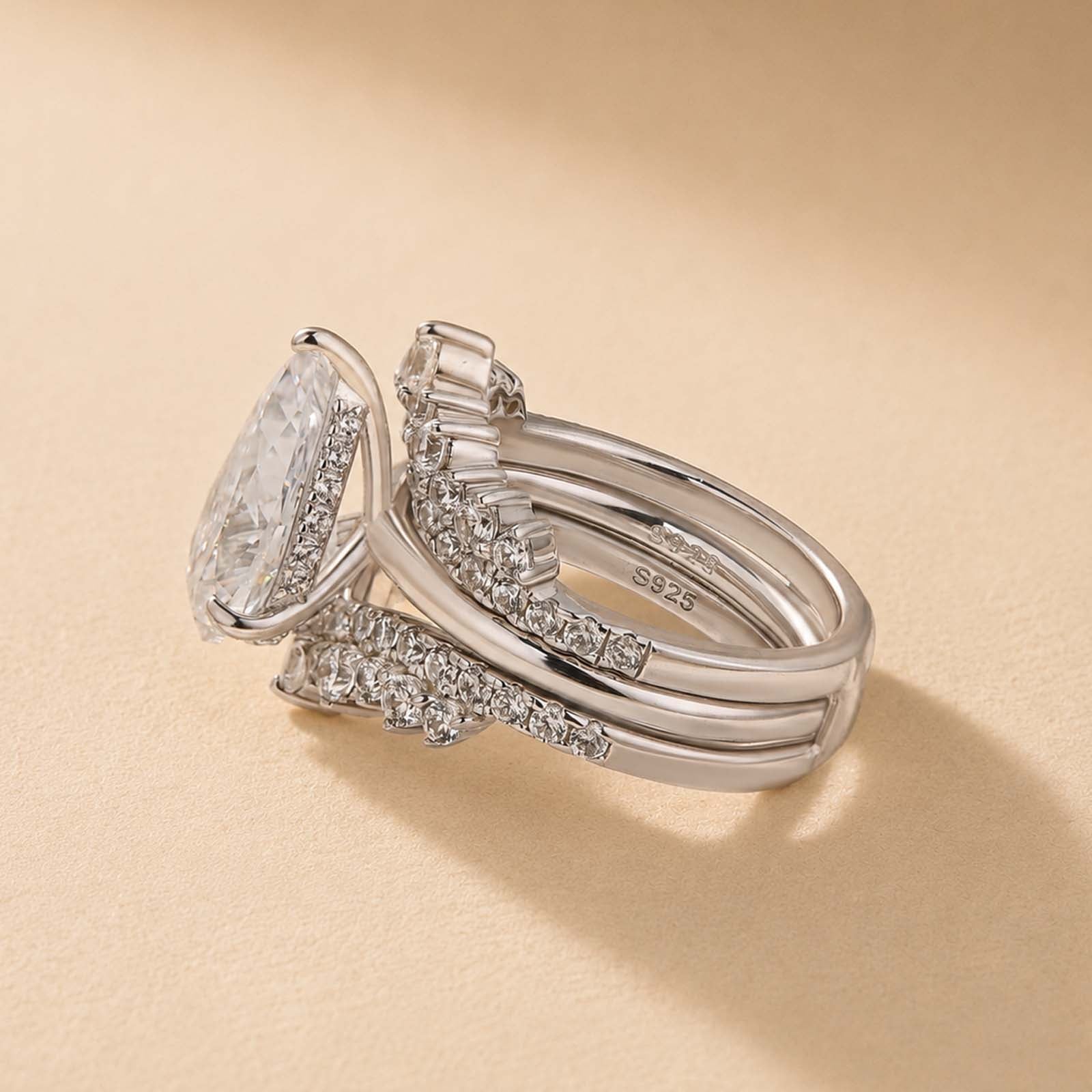 S925 3.5Ct Pear Cut 2PC Enhancer Wedding Set Hidden Halo Half Enternity Engagement Ring with Full Eternity Wedding Band
