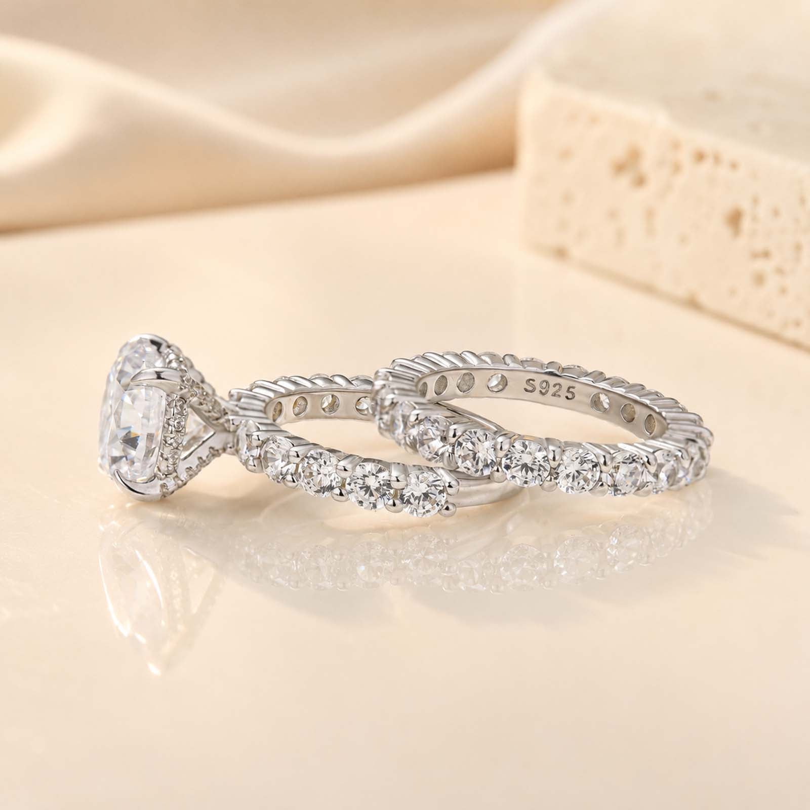 S925 Elegant 3.0Ct Round Cut Wedding Ring Set With Eternity Wedding Band