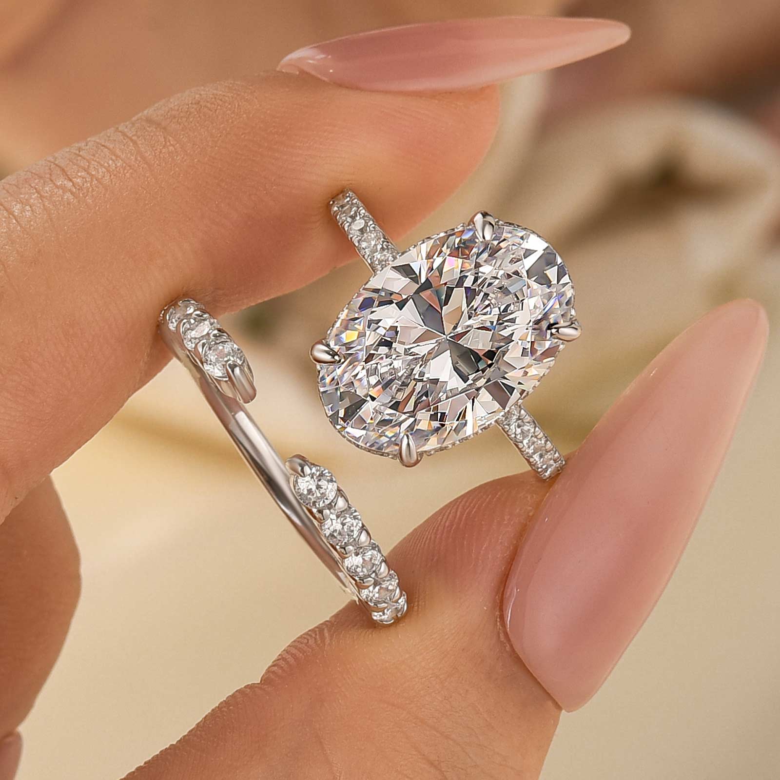 6.0Ct Oval Cut Engagement Ring With Classic Open Wedding Band