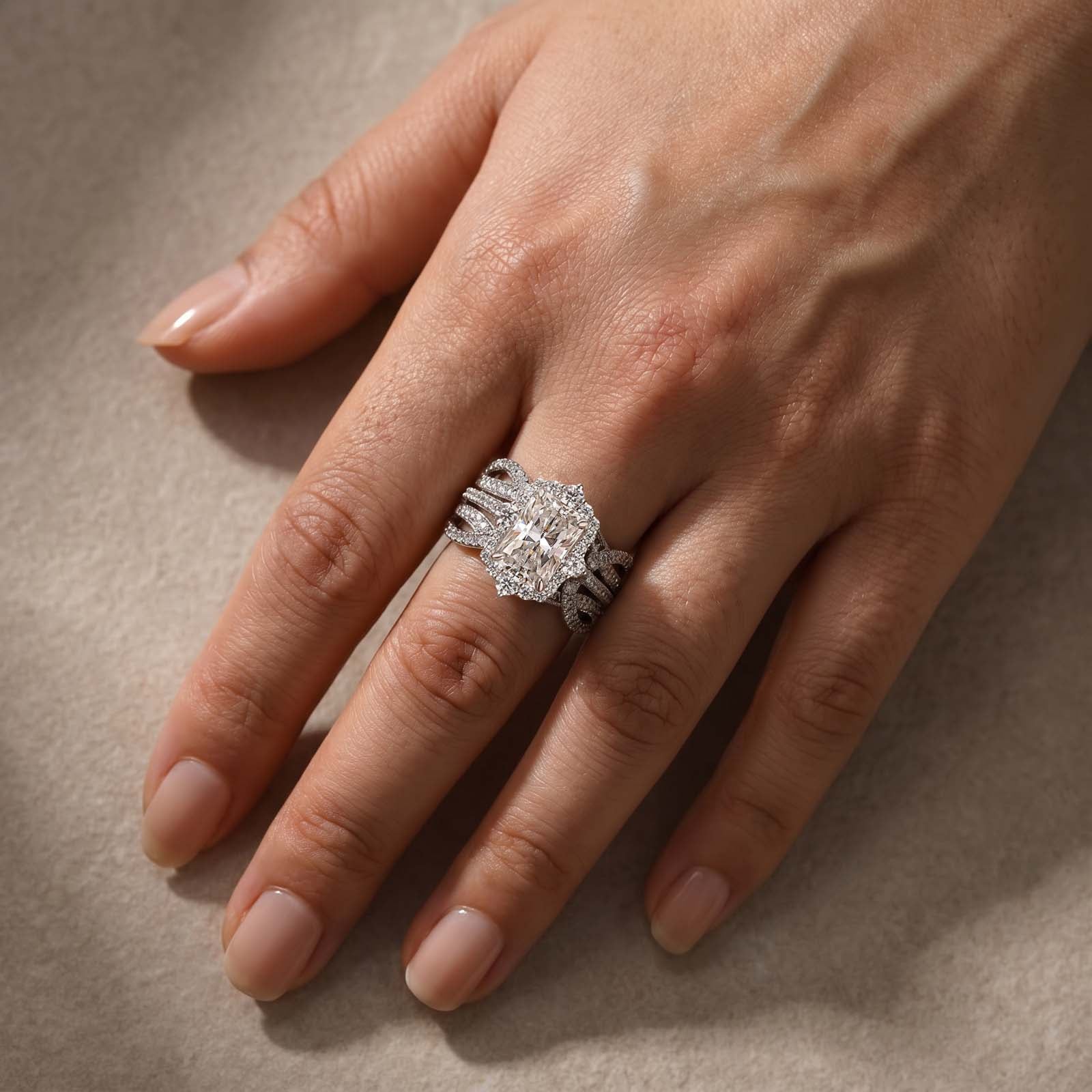 S925 Moissanite 3.0Ct White Gold Halo Radiant Cut Wedding Ring Set Stack Wedding Ring with Enhancer Wedding Band