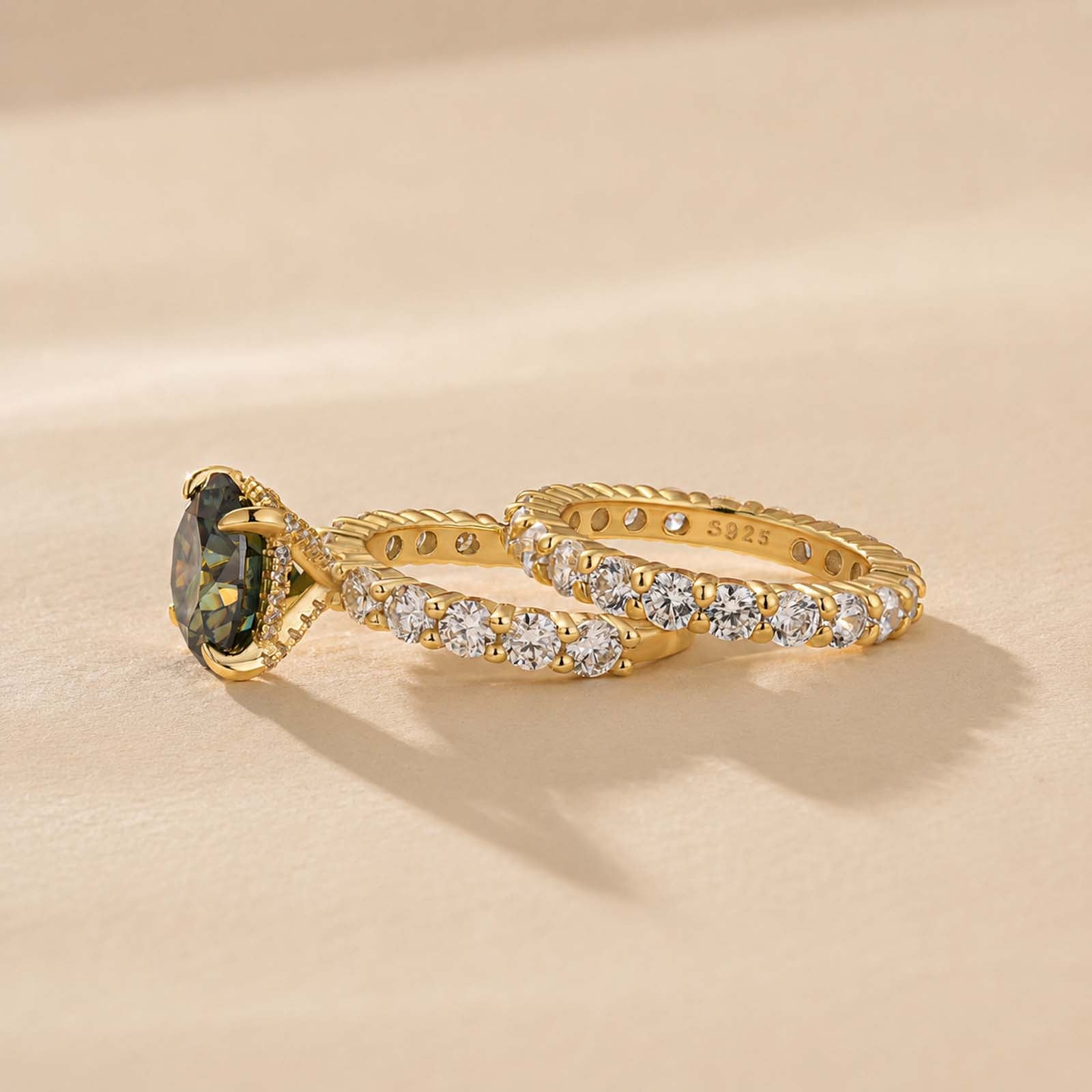 S925 Moissanite 4.0Ct Green Round Cut Gold Plated Engagement Ring/Wedding Set For Everyday Wear