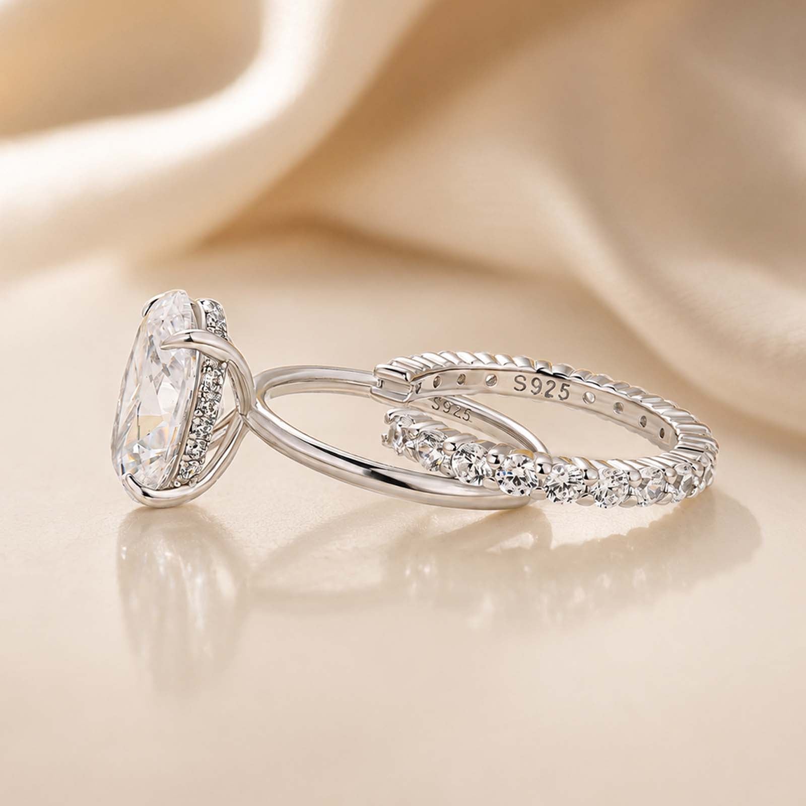 S925 4.5Ct Oval Cut Solitaire Engagement Ring in Sterling Silver with Open Round Cut Eternity Wedding Band