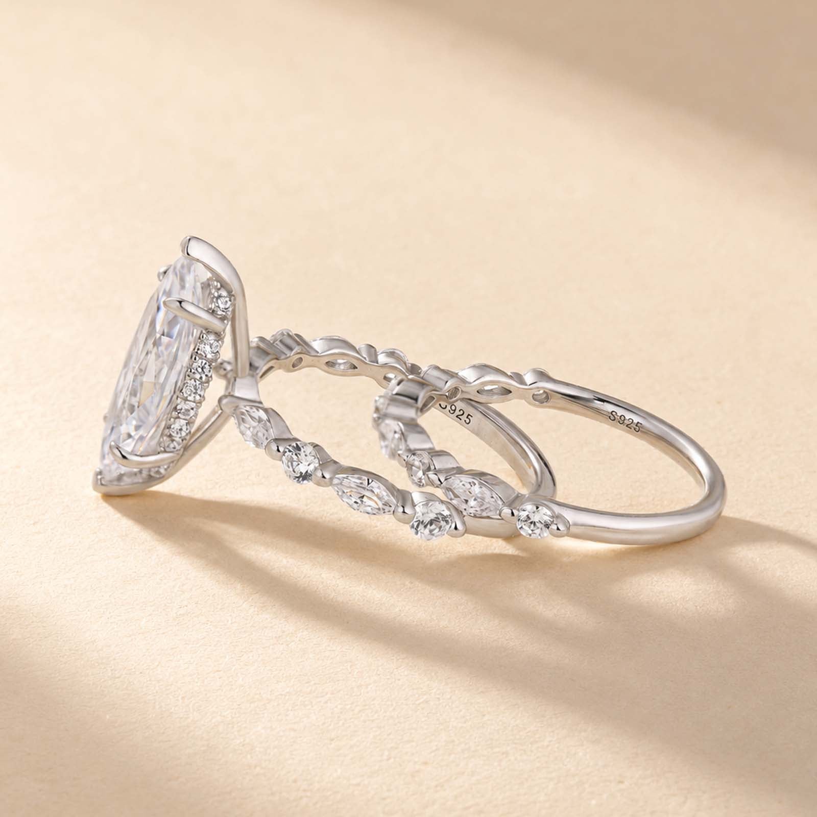 S925 3.0Ct Marquise Cut Engagement Ring & Matching Wedding Band Stackable Ring Sets in Sterling Silver