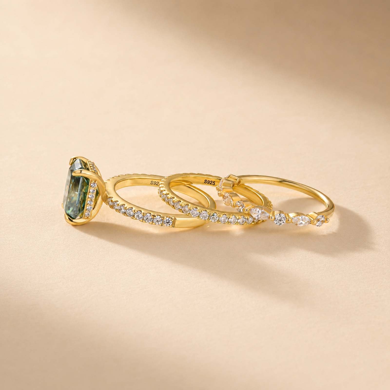 S925 Moissanite 3.5CT Radiant Cut Green Engagement Ring with Round & Marquise Accents Bands