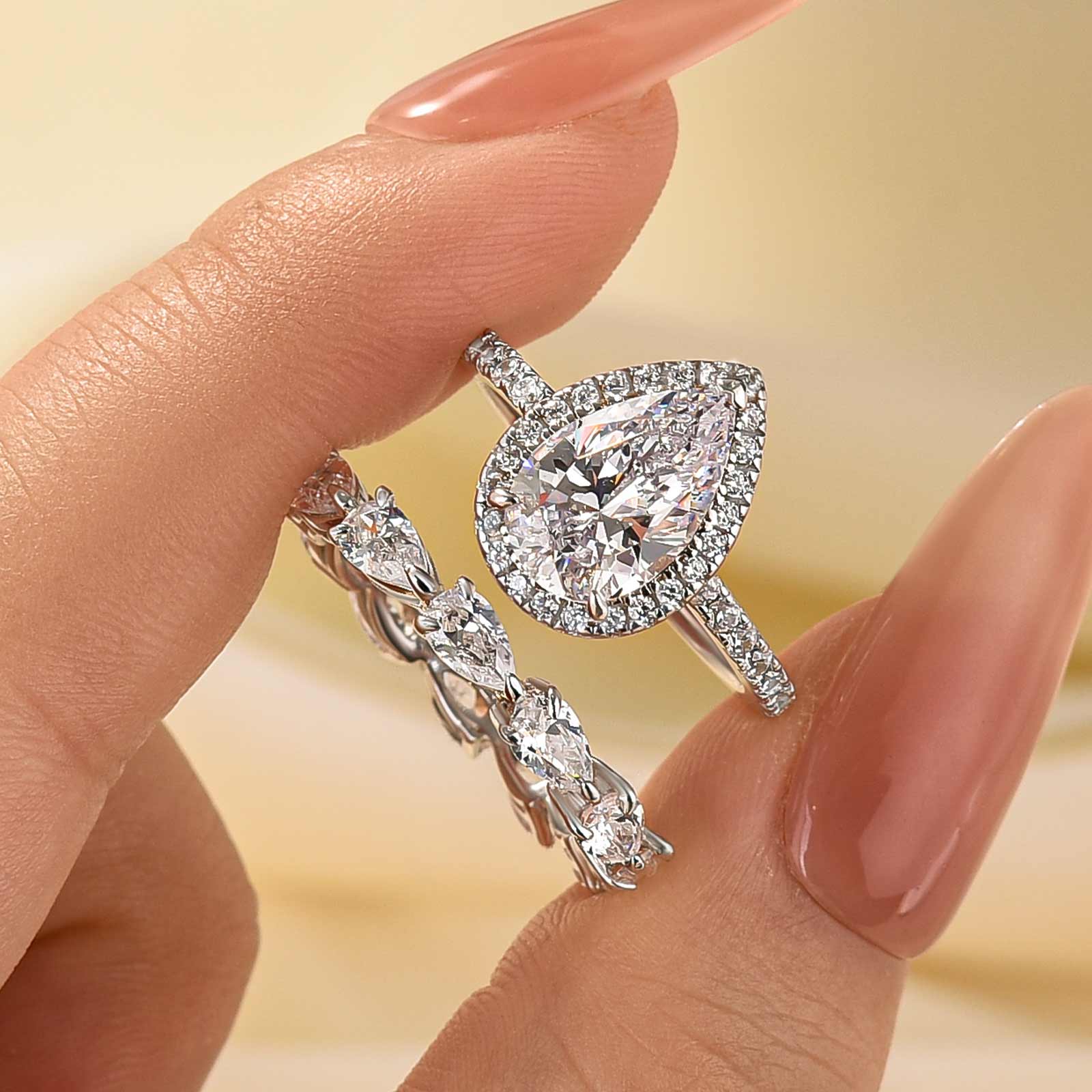 Louily Halo Pear Cut Wedding Ring Set In Sterling Silver