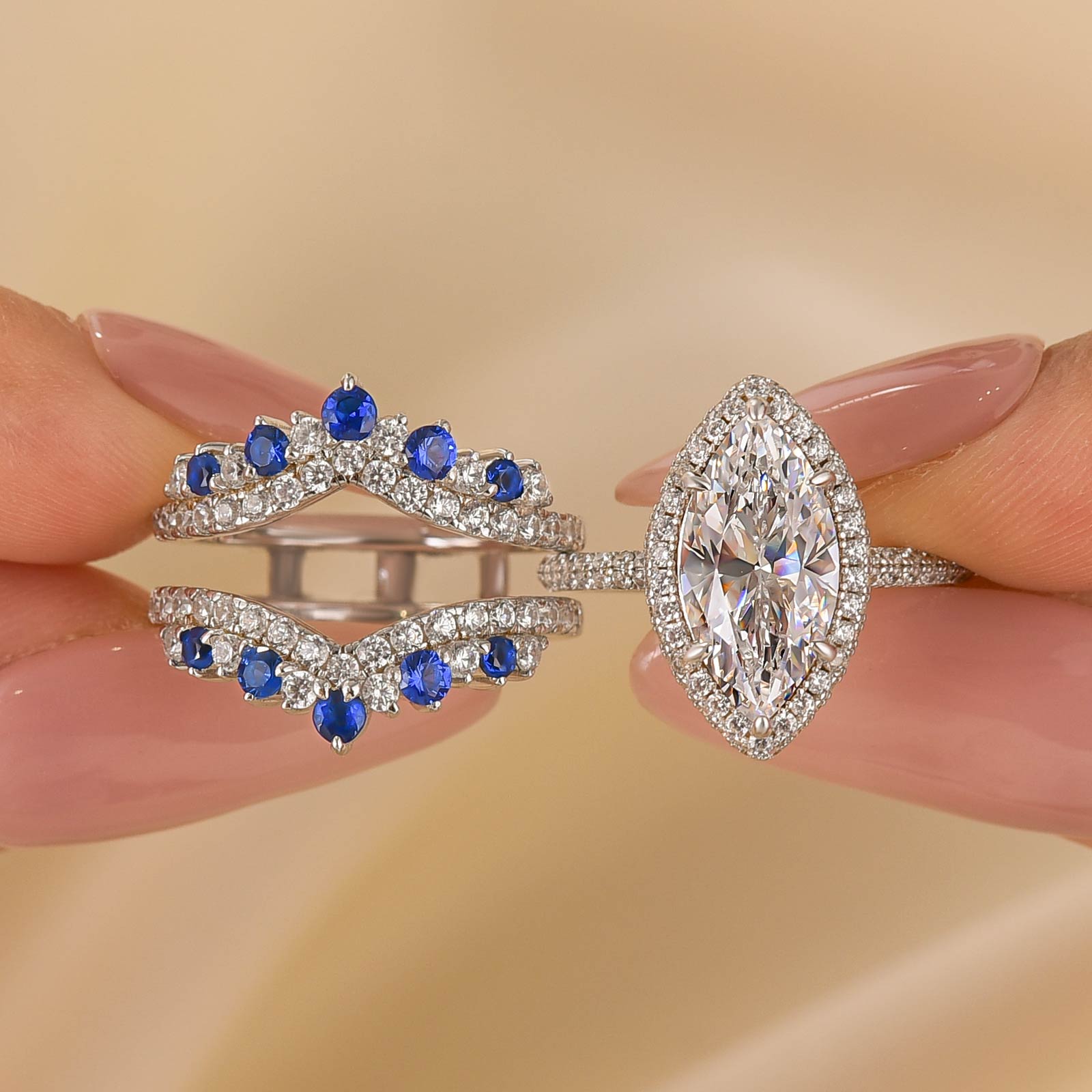 2PC Enhancer Wedding Set 3.0Ct Halo Marquise Cut Engagement Ring with Blue & White Stone Wedding Band