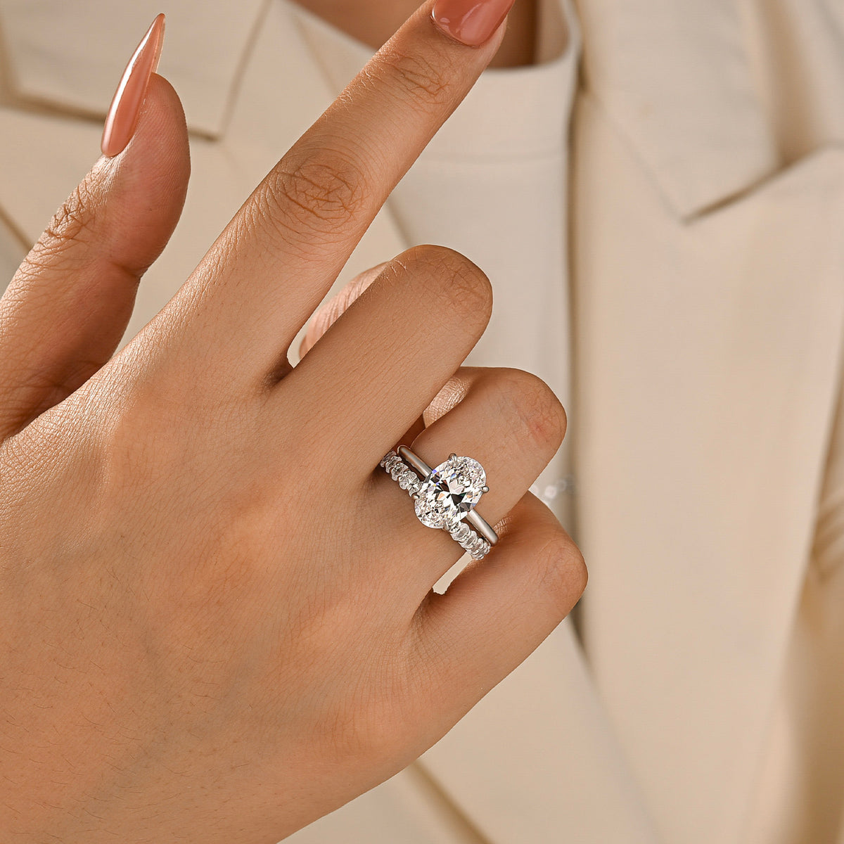 4.0Ct Oval Cut Hidden Halo 2PC 18K White Gold Plated Wedding Ring Sets