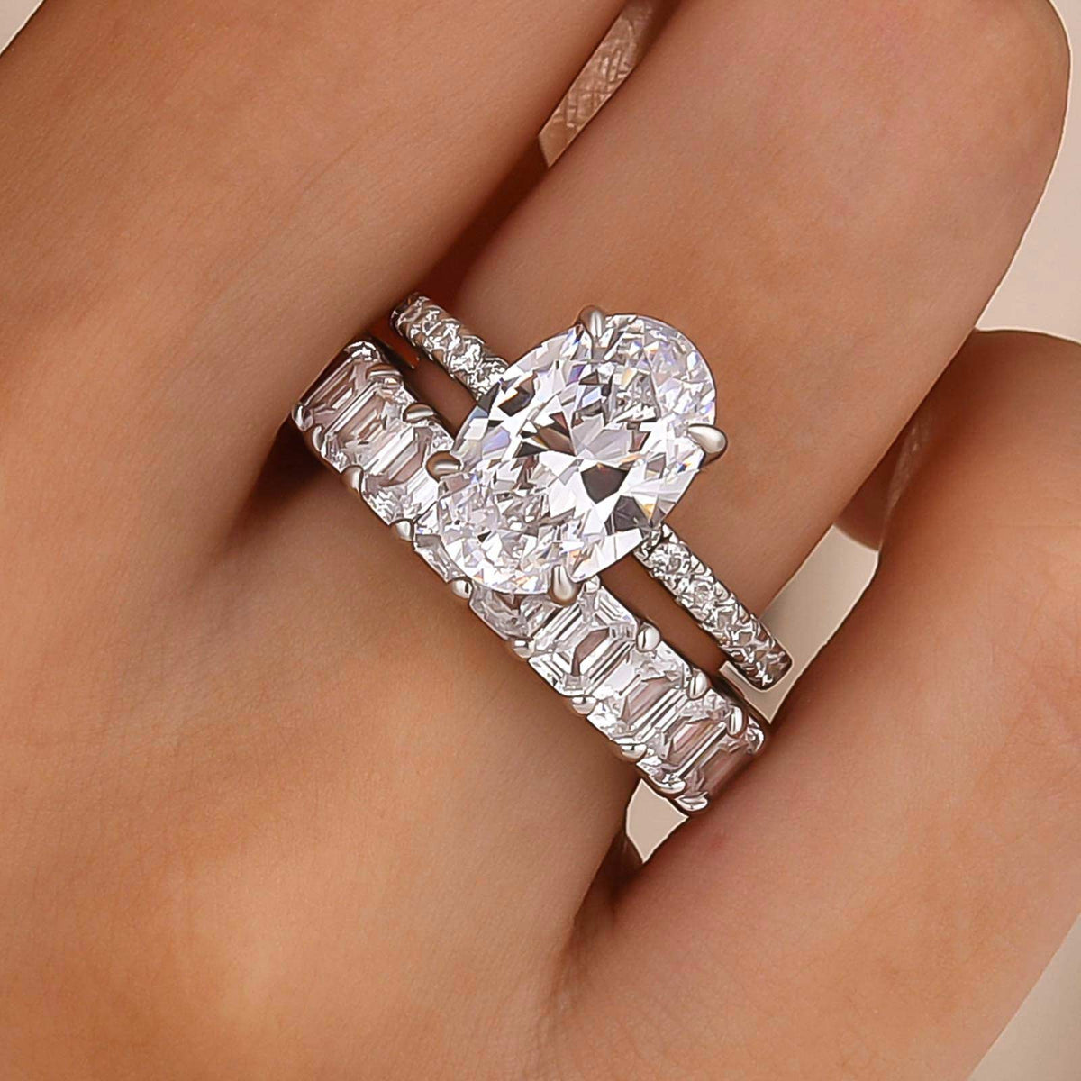 S925 2PC Hidden Halo 4.0Ct Oval Cut Ring & 3.5Ct Emerald Cut Band Stackable Statement Ring Sets