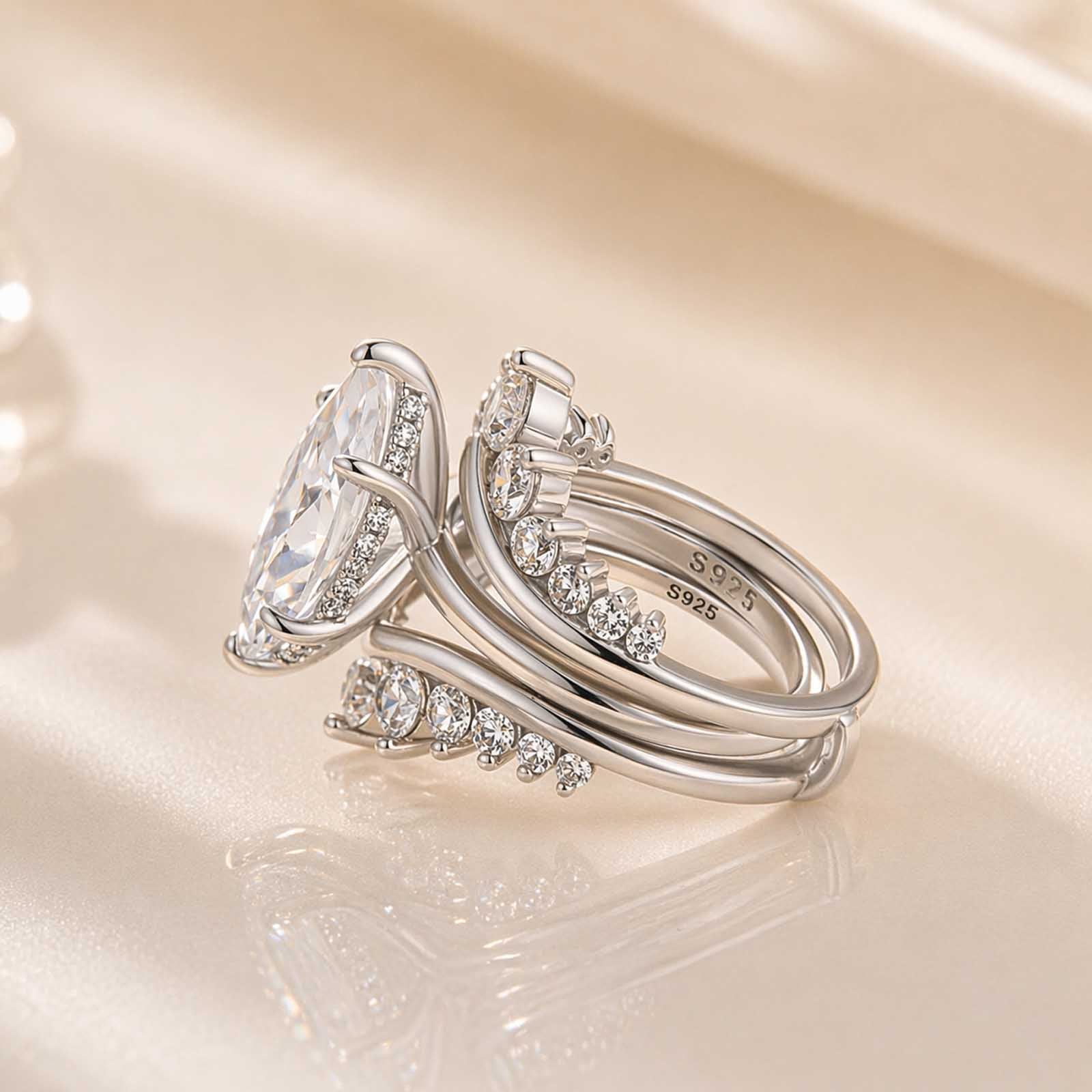 S925 4.0Ct Wedding Set Marquise Cut Hidden Halo Engagement Ring With Maxine Fashion Round Cut Jacket Wedding Band